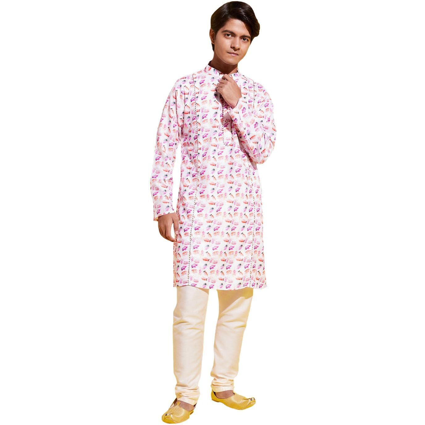 VASTRAMAY YUVA Boys' Multicolor-Base-White Cotton Blend Kurta Pyjama Set ||Elegant For Holi & EID Celebration_VYUVBK089WHnPVCR_36M