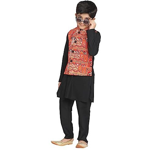 VASTRAMAY Boys' Orange And Black Jacket, Kurta and Pyjama Set | Kutch Embroidered Kediyu Jacket Navratri Special With Viscose Kurta And Pyjama Set - Festive Ethnic Wear for Navratri - Vibrant Colors