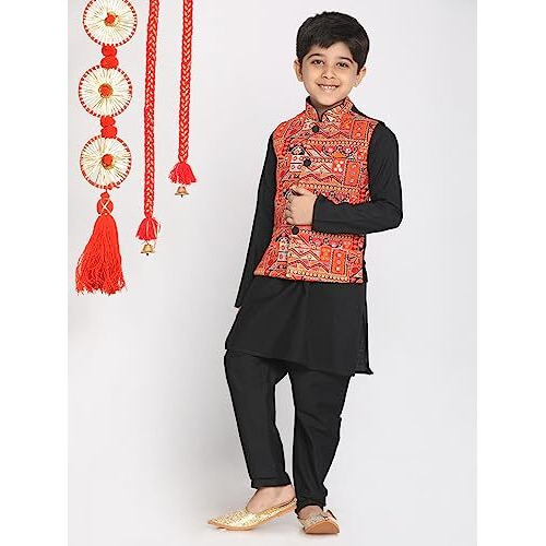 VASTRAMAY Boys' Orange And Black Jacket, Kurta and Pyjama Set | Kutch Embroidered Kediyu Jacket Navratri Special With Viscose Kurta And Pyjama Set - Festive Ethnic Wear for Navratri - Vibrant Colors