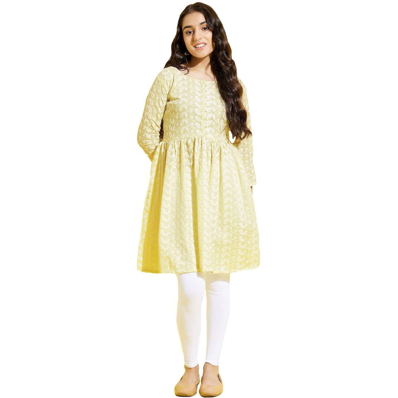 VASTRAMAY YUVA Girls' Yellow and White Kurta and Leggings Set_VYUVGK094YWnGL01WH_36L