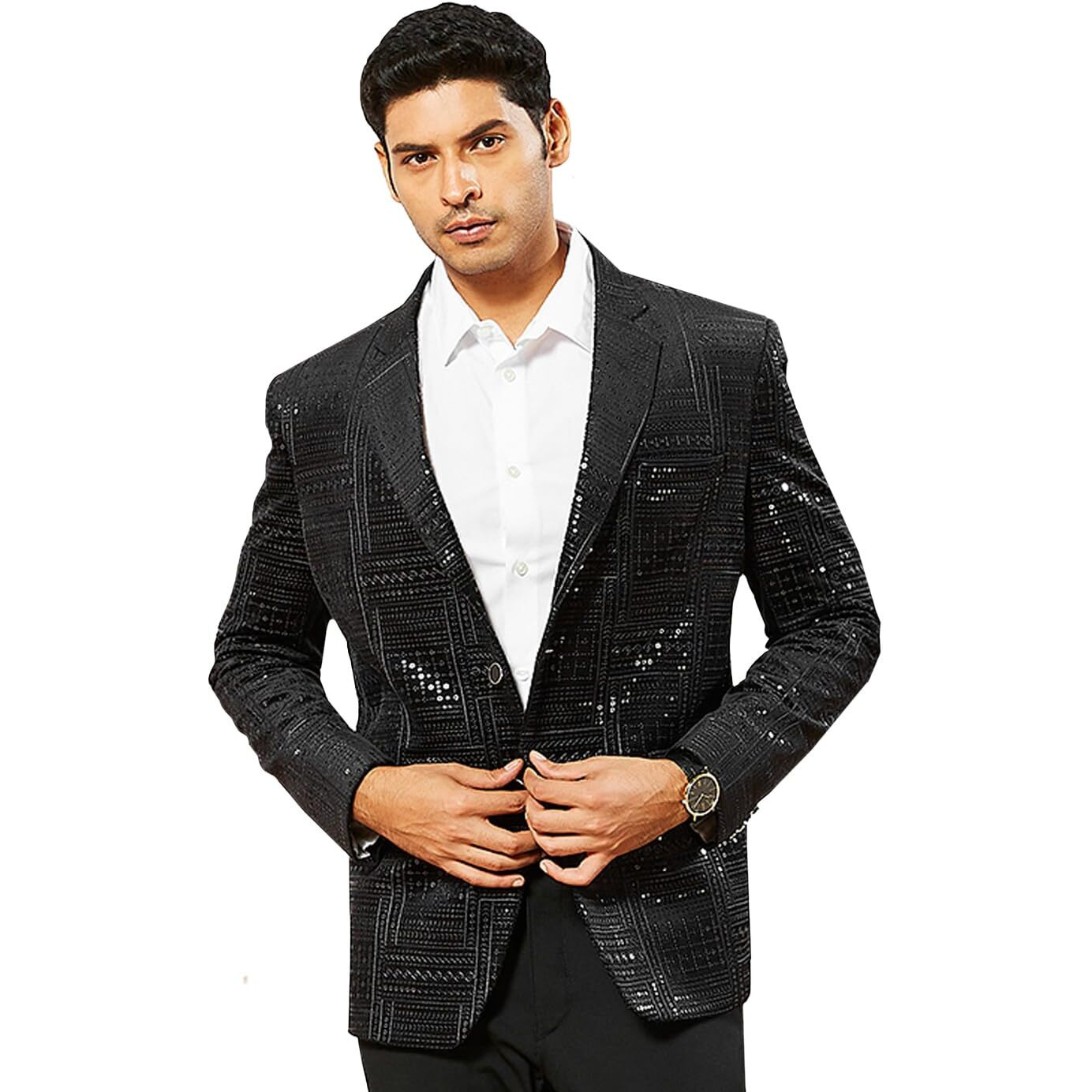 VASTRAMAY Men's Black Velvet Blazer, Velvet Sequined Embroidered Blazer for Men, Traditional Indian Wear for Weddings & Festivals