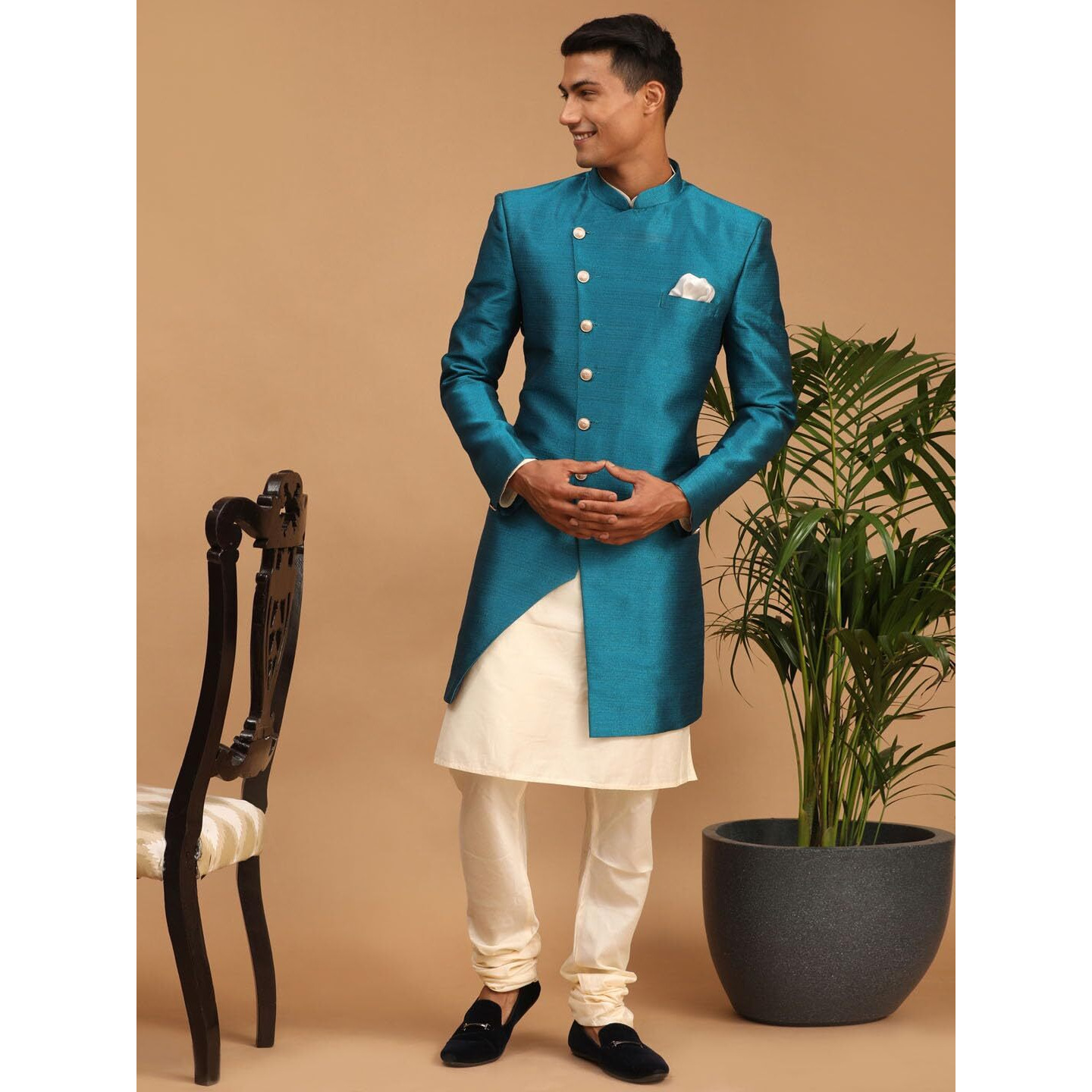 VASTRAMAY Men's Cream And Green Viscose Ethnic Combo Set_VASMCO007TQ_38