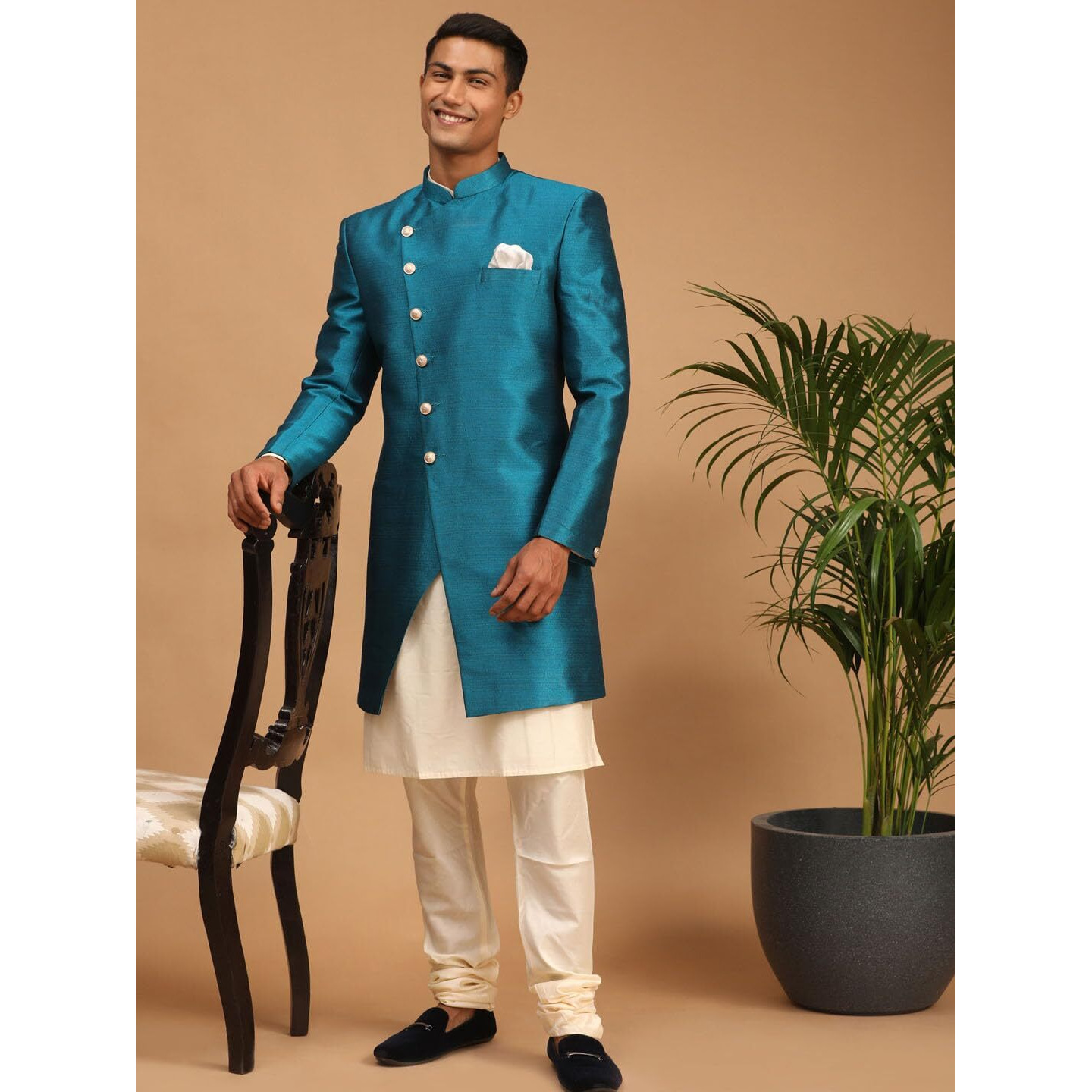 VASTRAMAY Men's Cream And Green Viscose Ethnic Combo Set_VASMCO007TQ_38