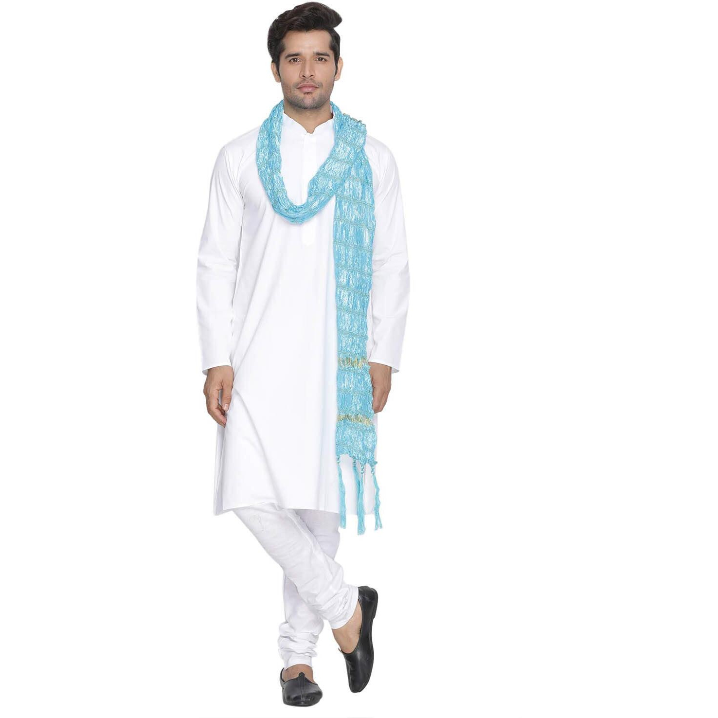 VASTRAMAY Men Light Blue Cotton Kurta Pyjama and Dupatta Set (VASMKWH000nPCWHnD5AQ_46)