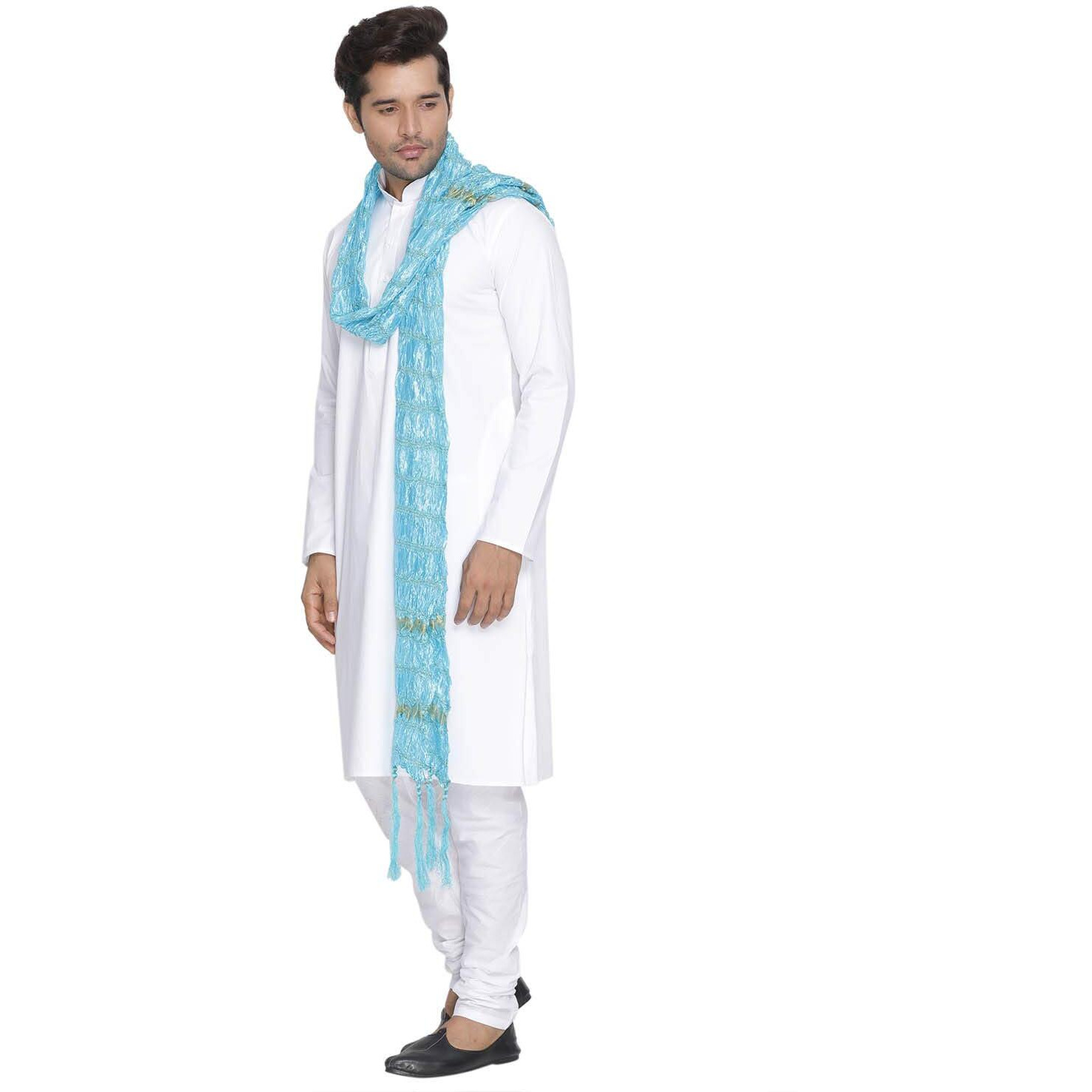VASTRAMAY Men Light Blue Cotton Kurta Pyjama and Dupatta Set (VASMKWH000nPCWHnD5AQ_46)