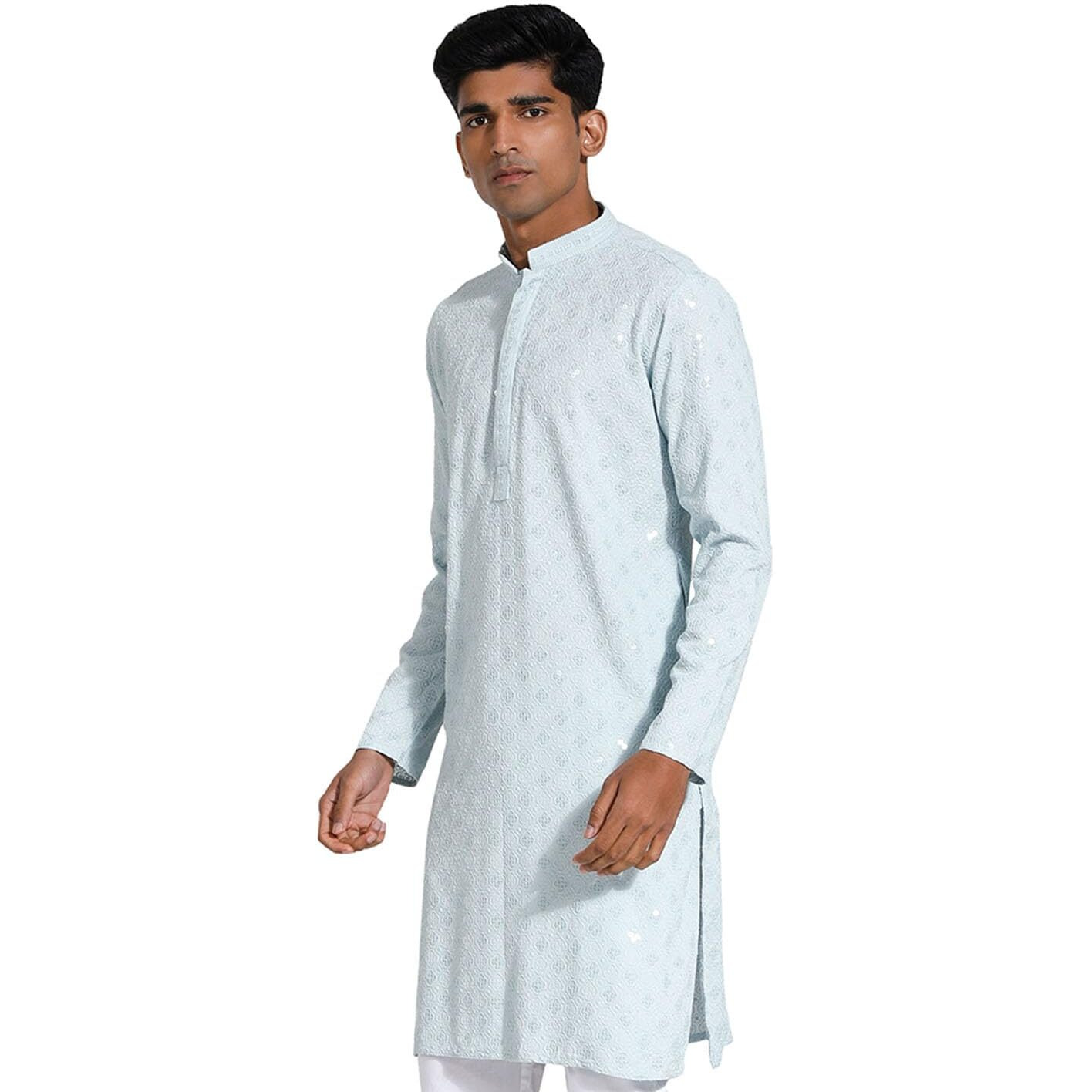 VASTRAMAY Men's Rayon Kurta I Schiffily Embroidered Knee Length Kurta I Traditions Festive Wedding_VASMK430AQ_36 Aqua