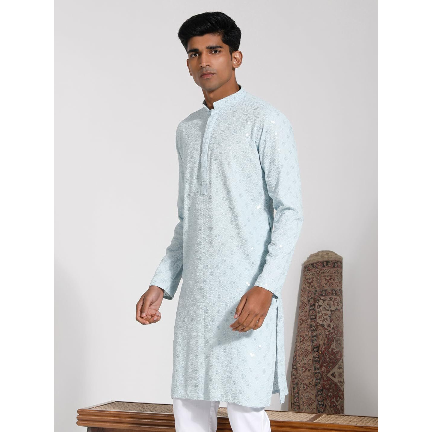 VASTRAMAY Men's Rayon Kurta I Schiffily Embroidered Knee Length Kurta I Traditions Festive Wedding_VASMK430AQ_36 Aqua