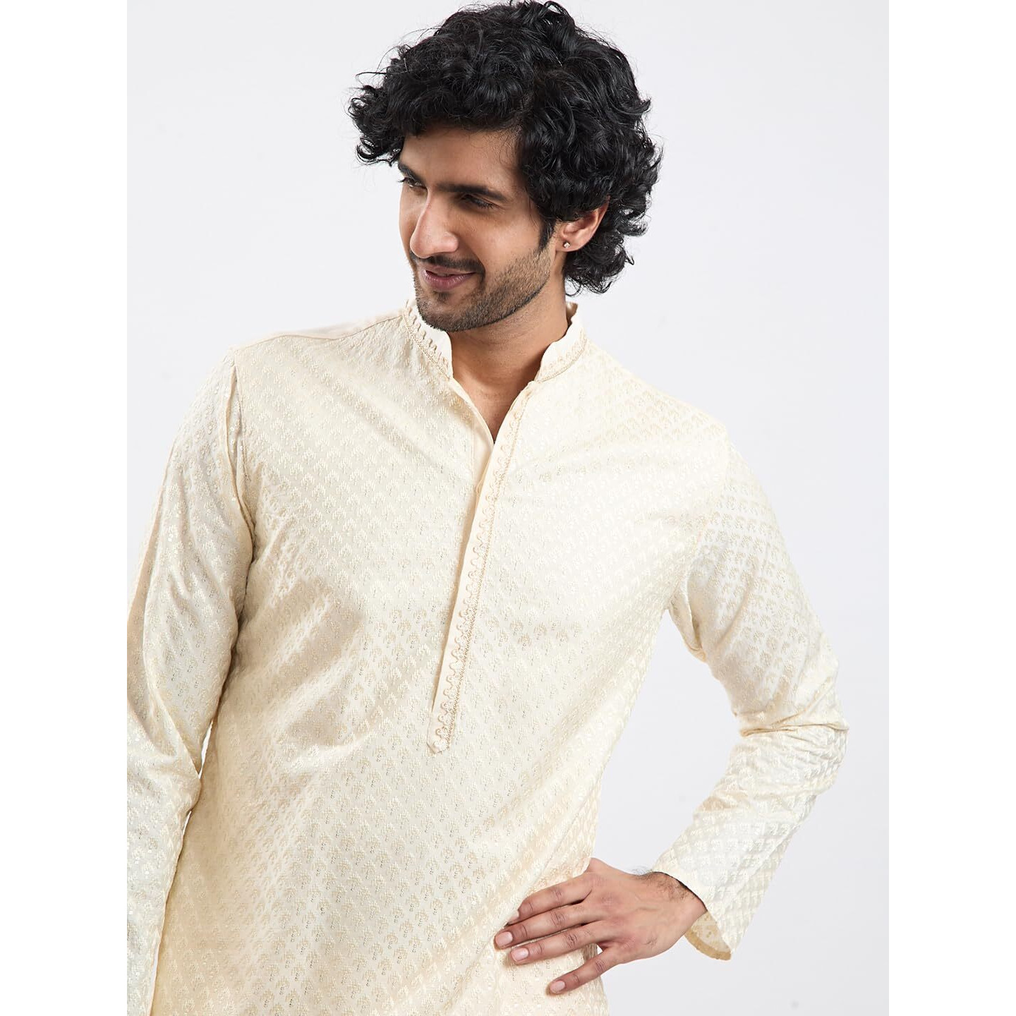 VASTRAMAY Men's Cream Viscose Kurta - Viscose Embroidered Kurta for Men.