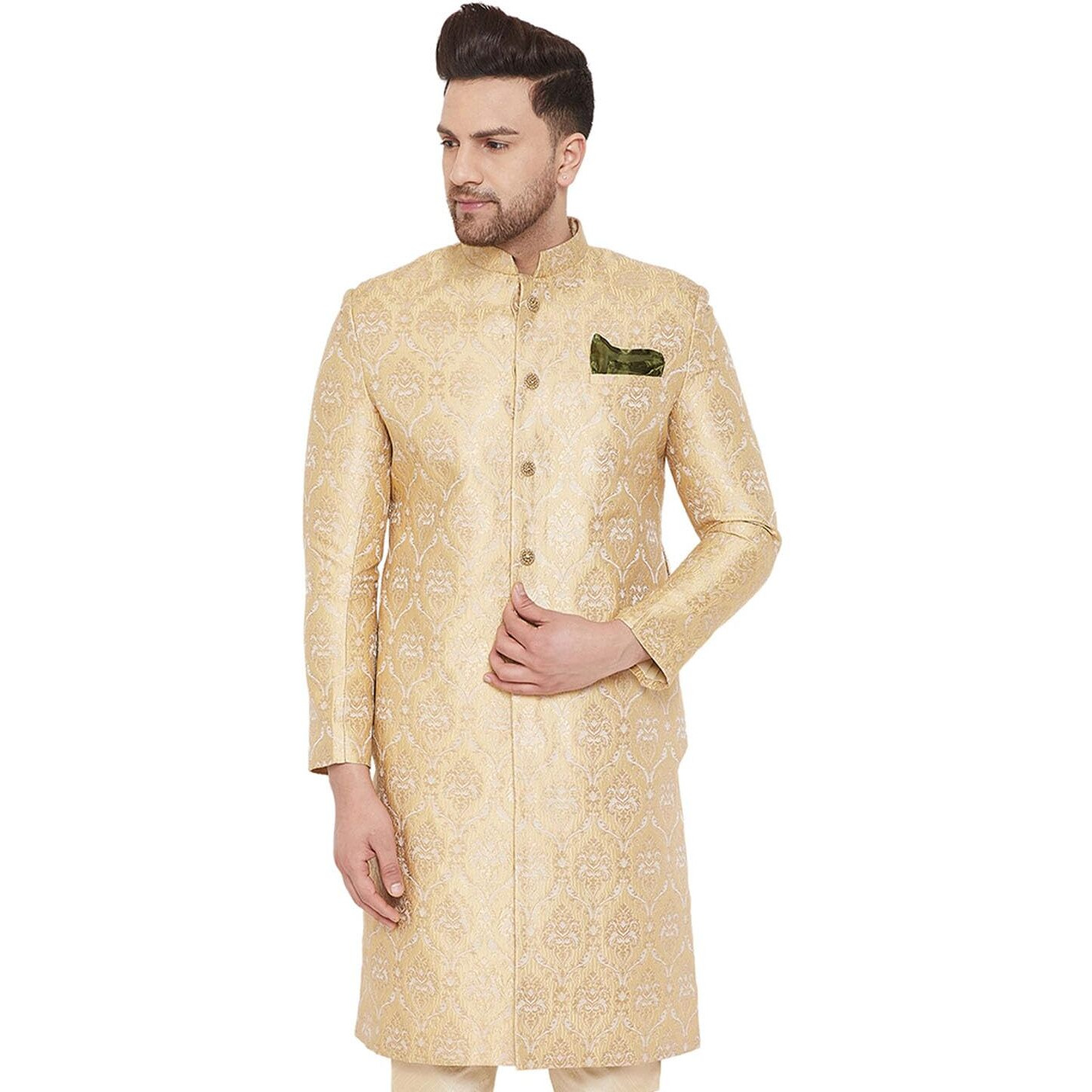 VASTRAMAY Men's Gold Silk Blend Sherwani Only Top - Brocade Sherwani