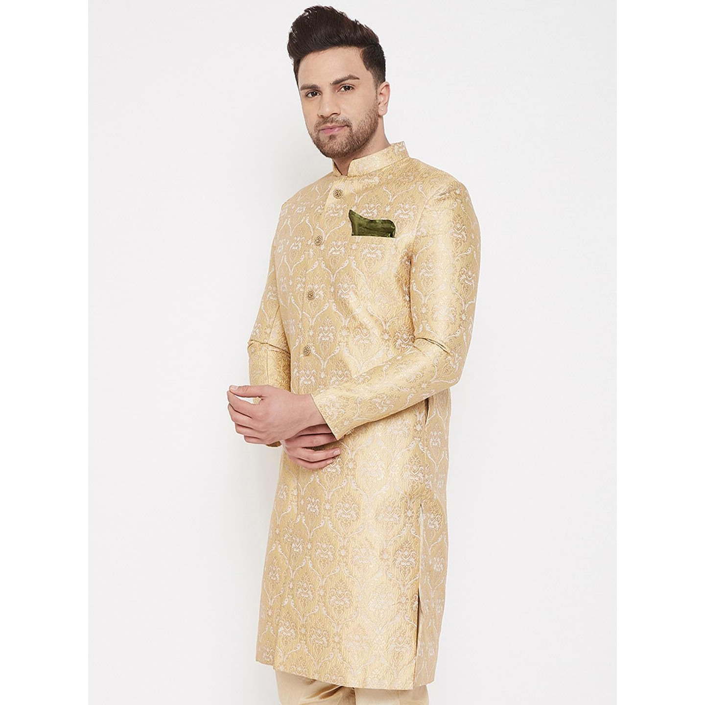 VASTRAMAY Men's Gold Silk Blend Sherwani Only Top - Brocade Sherwani