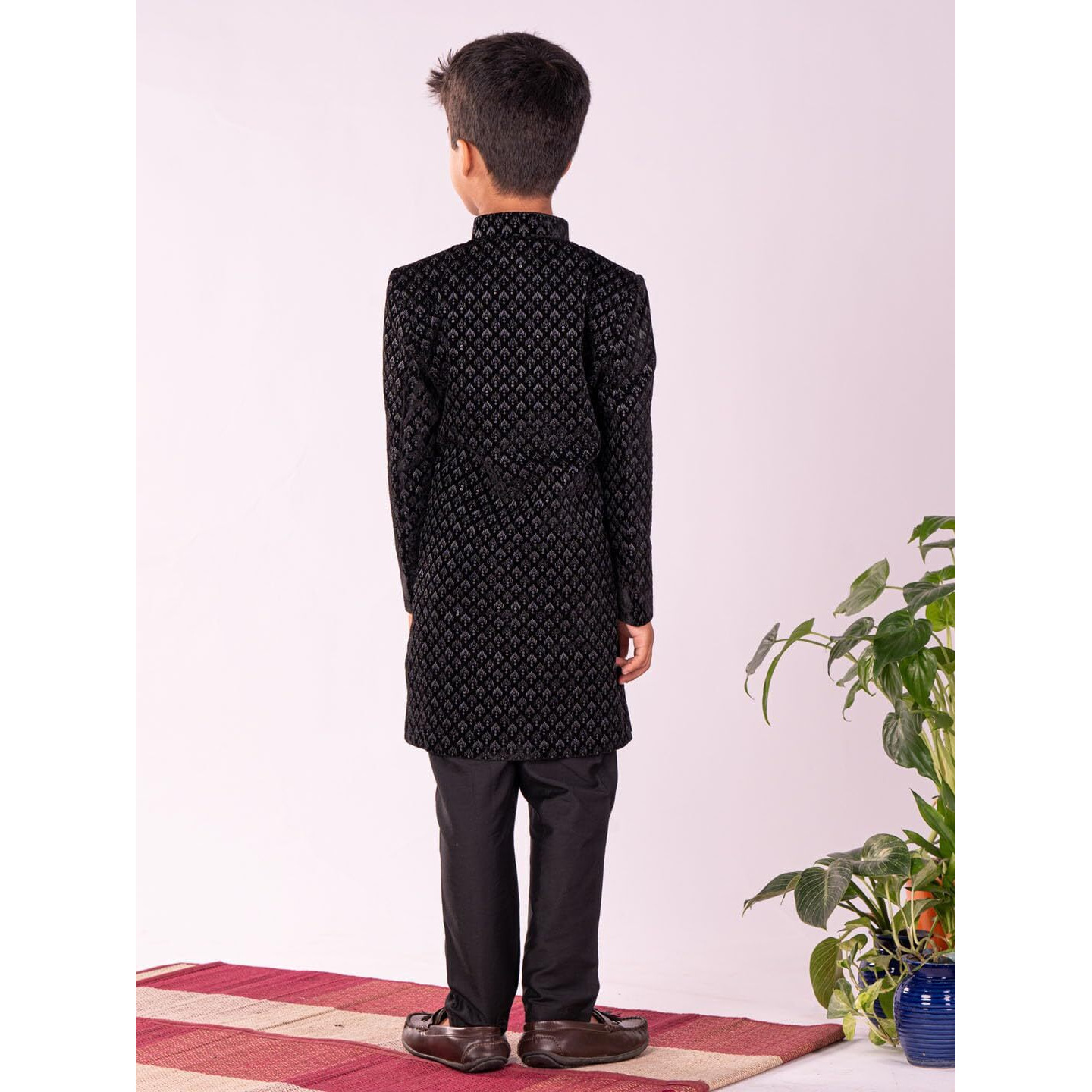 VASTRAMAY Boys' Velvet Black Sherwani Set | Sequined Embroidered Indo Western With Pant style Pyjama