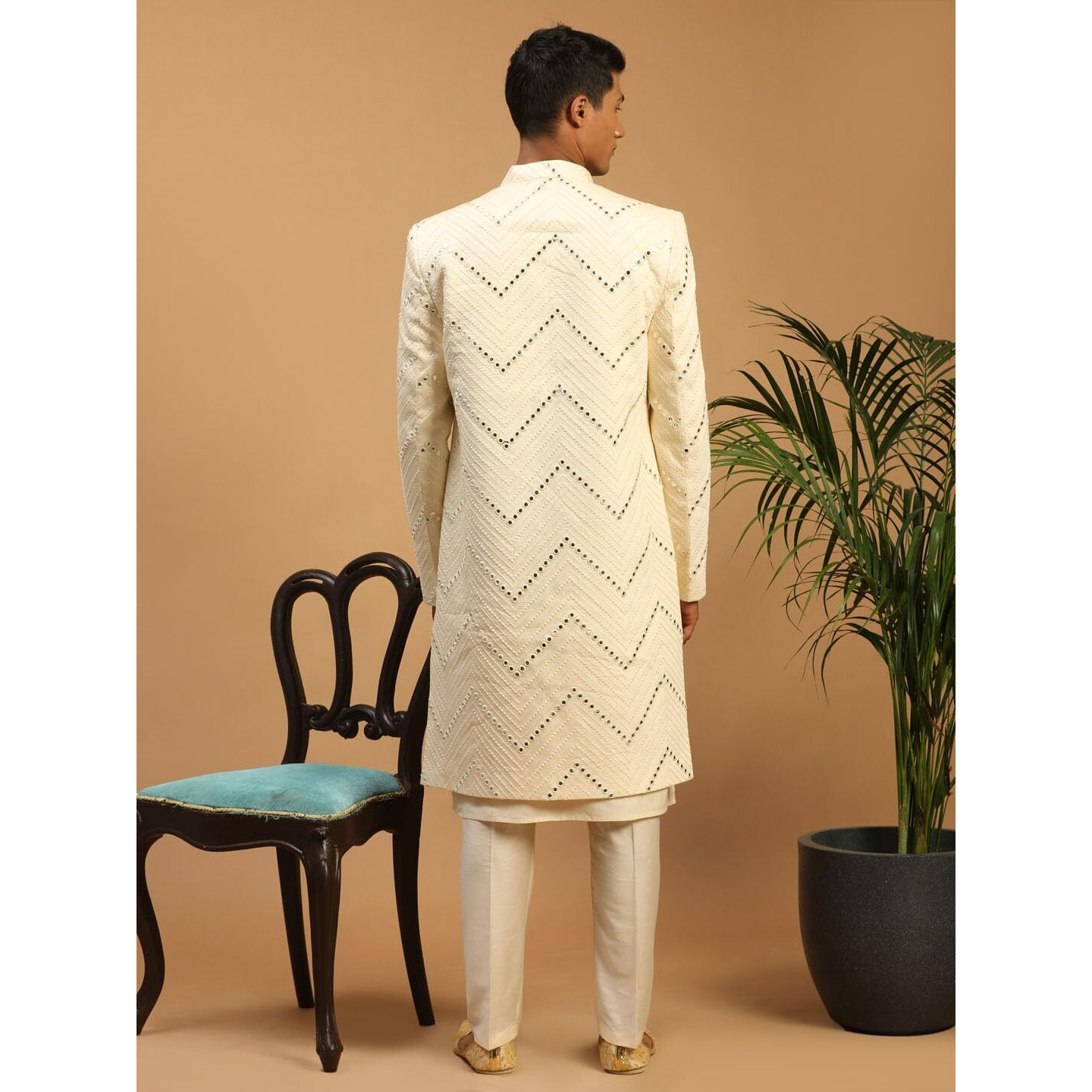 VASTRAMAY Men's Cream Viscose Sherwani Set | Set Of Layered Mirror Work Front Open Sherwani Set With Pant Style Pyjama