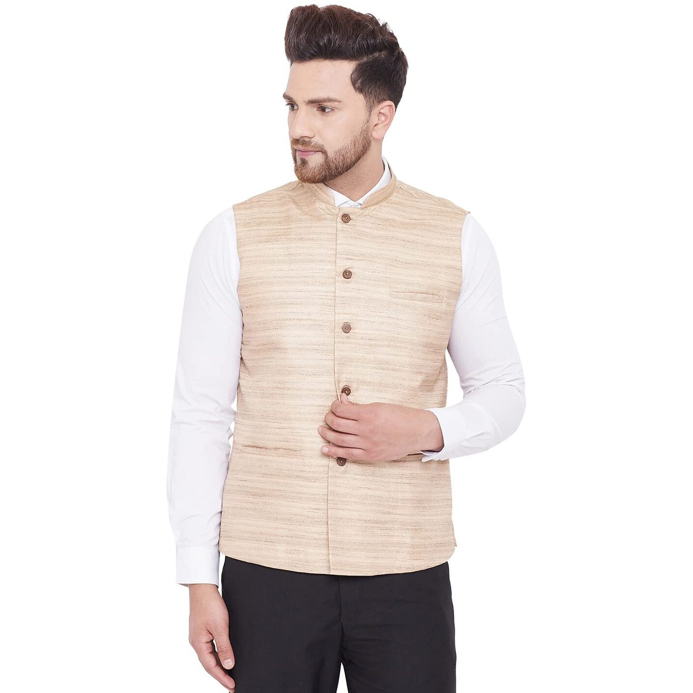 VASTRAMAY Men's Beige Silk Blend Nehru Jacket-VASMJ121BG_38
