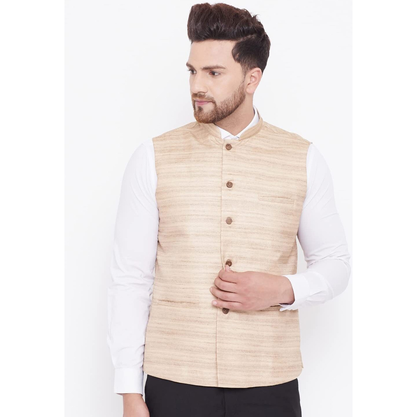VASTRAMAY Men's Beige Silk Blend Nehru Jacket-VASMJ121BG_38