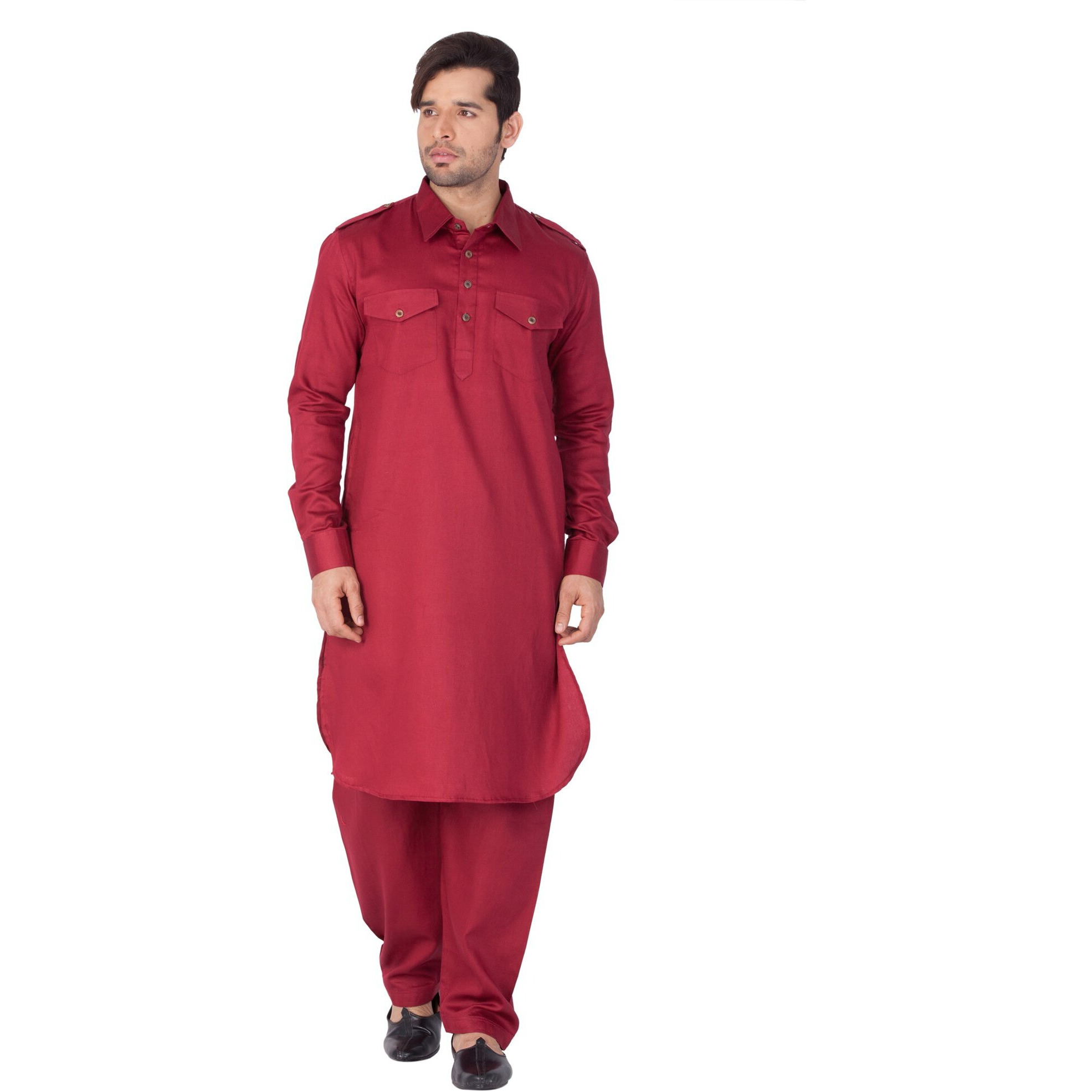 VASTRAMAY Men Cotton Pathani Khan Suit Set (Maroon_VASMPTMA009_46)
