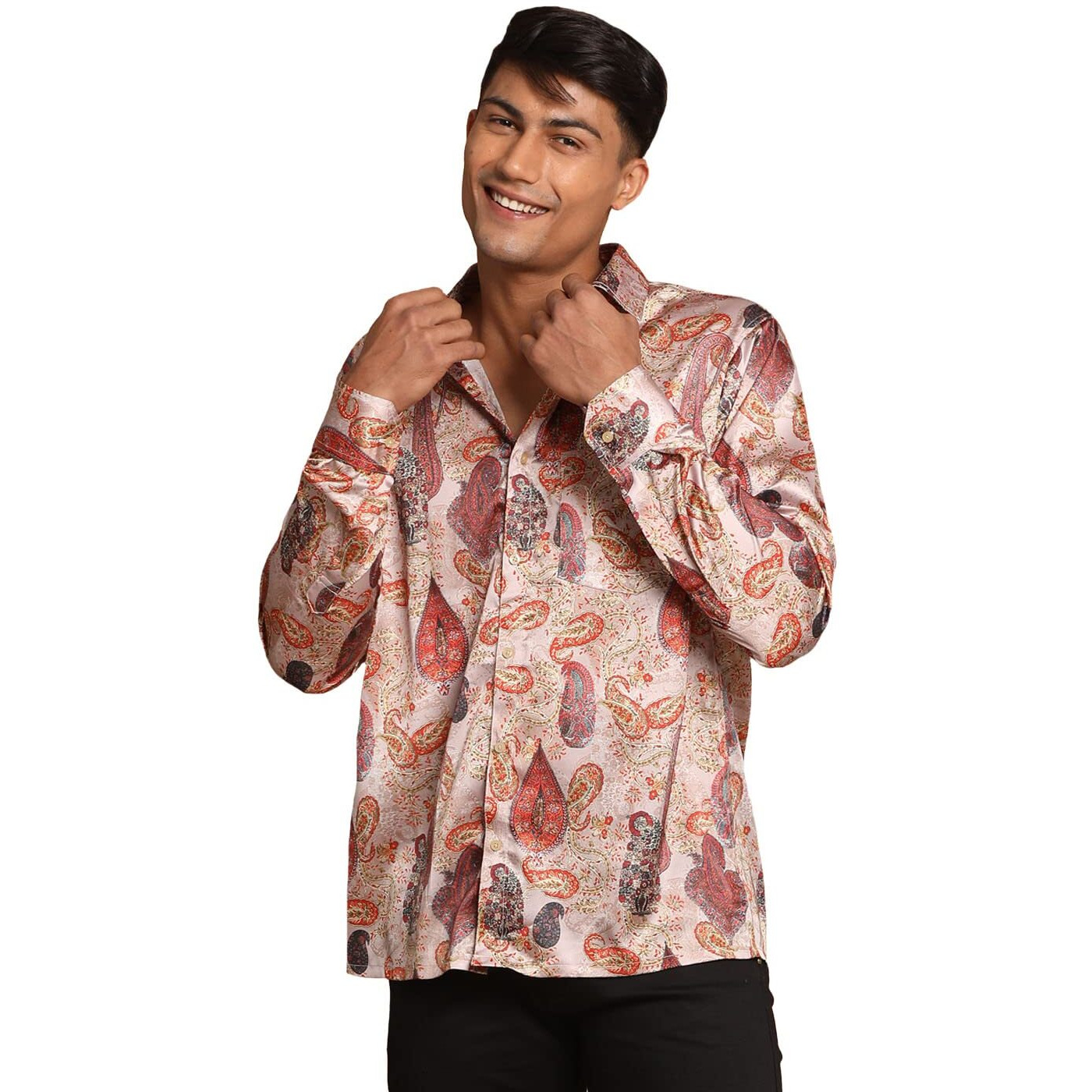 VASTRAMAY Men's Multicolored-Base-Brown Satin Ethnic Shirt_VASMSH018CH_36