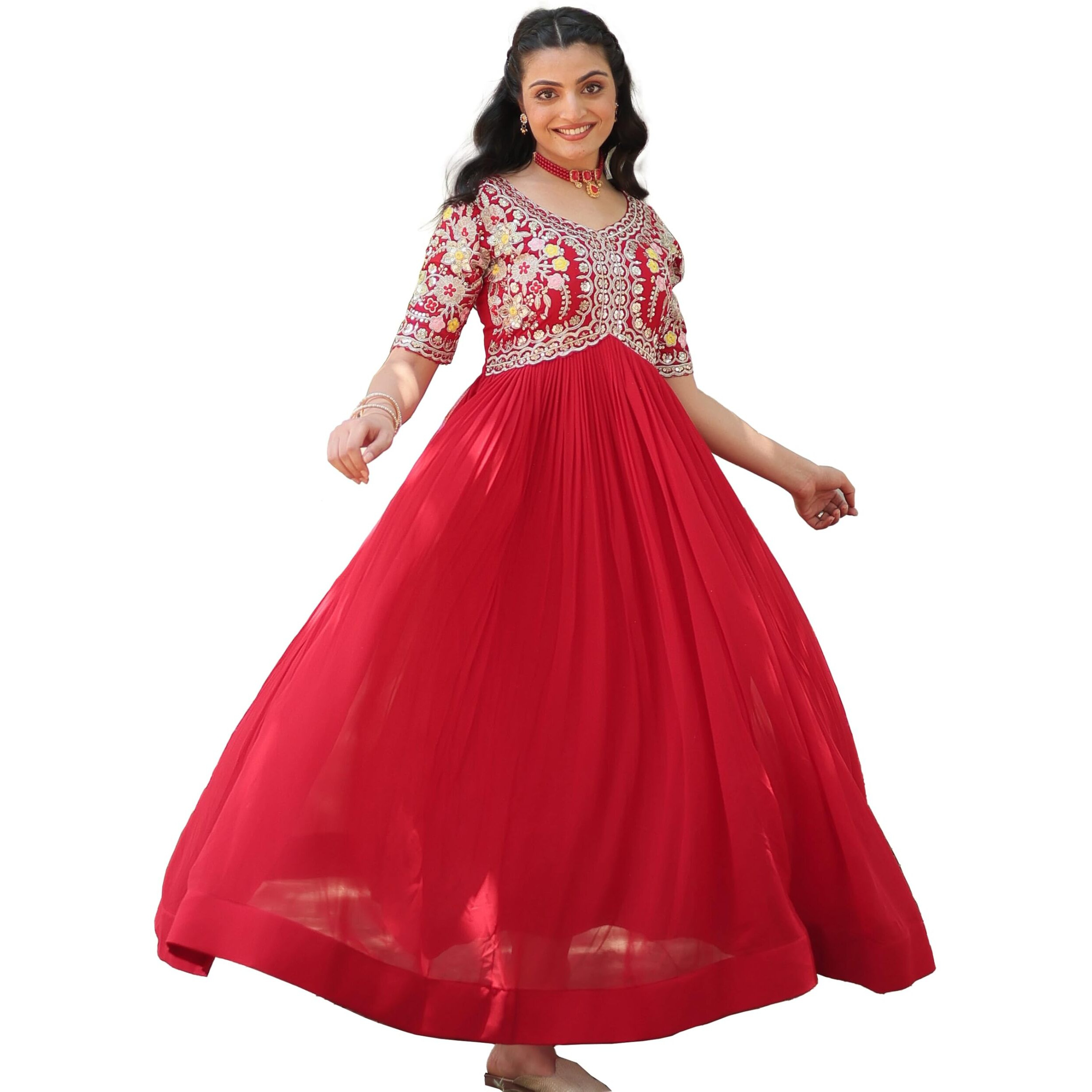 Wedani Georgette Embroidered Zari Sequins-Work Anarkali Kurta Set for Women (in, Alpha, S, Regular, RED)