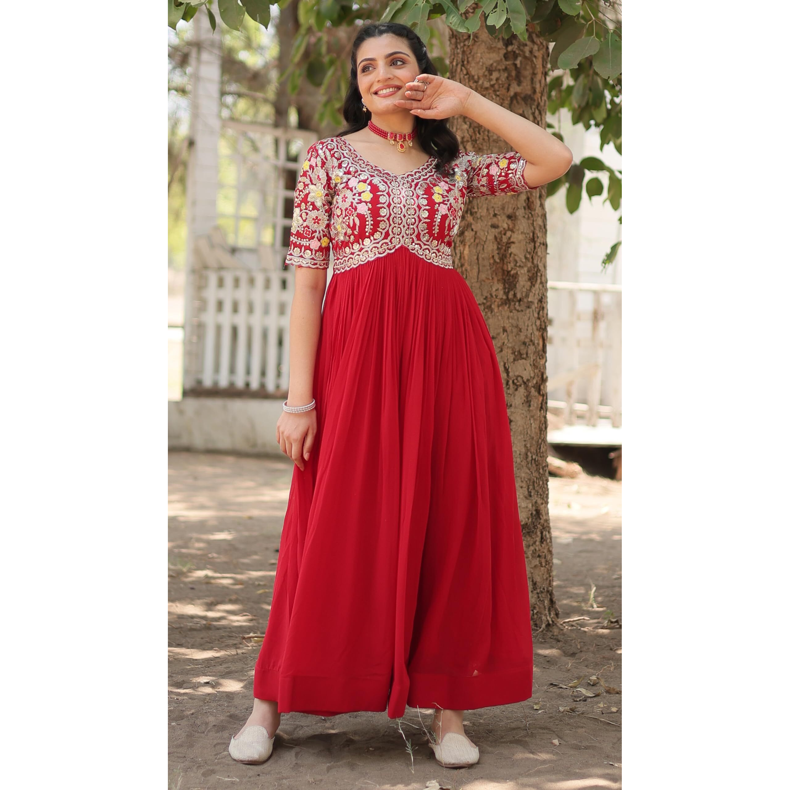 Wedani Georgette Embroidered Zari Sequins-Work Anarkali Kurta Set for Women (in, Alpha, S, Regular, RED)