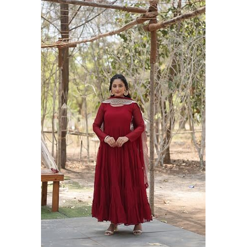 Wedani Georgette Solid Anarkali Kurta Set for Women Maroon
