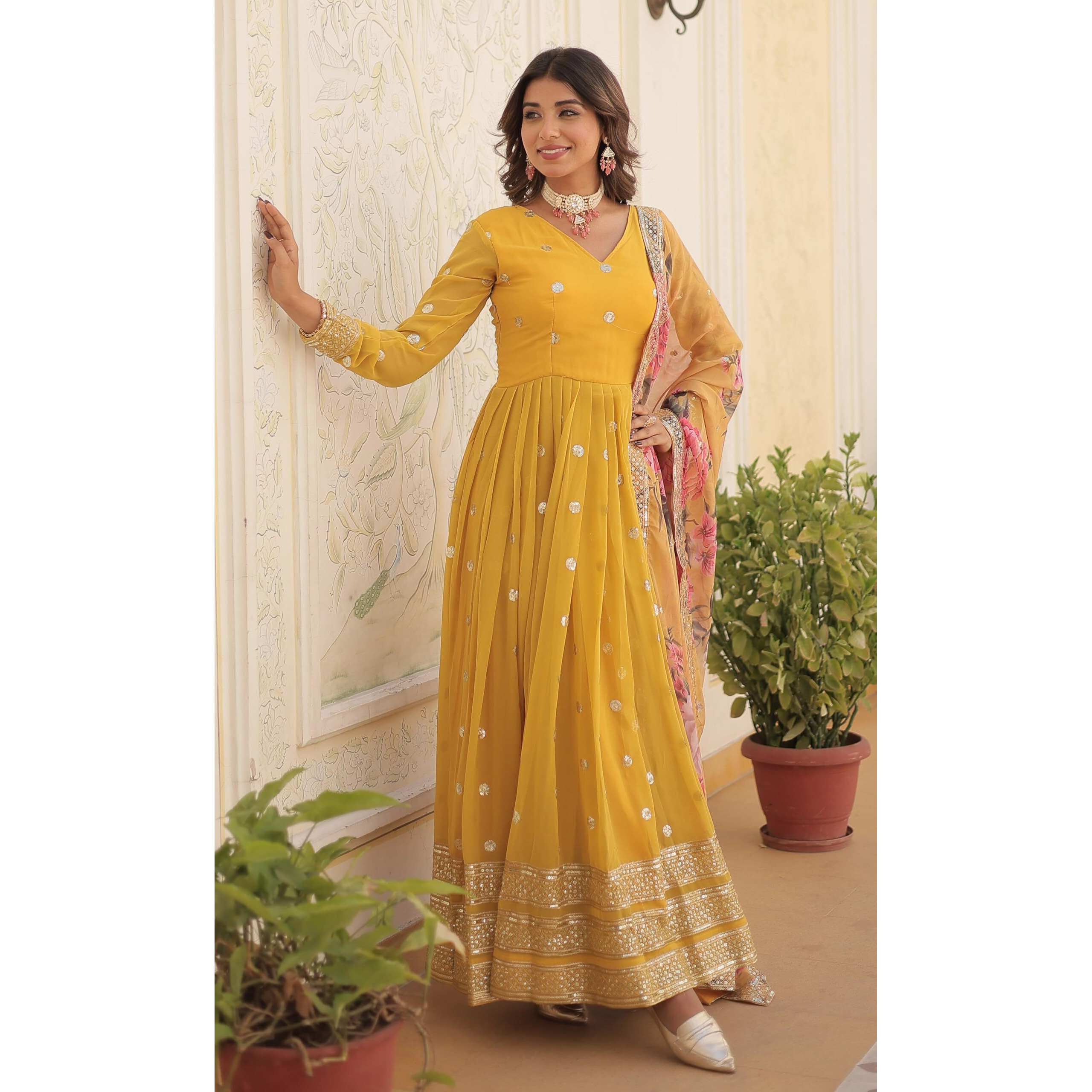 Wedani Faux Georgette Embroidered Sequins Anarkali Kurta Set for Women (in, Alpha, L, Regular, Yellow)