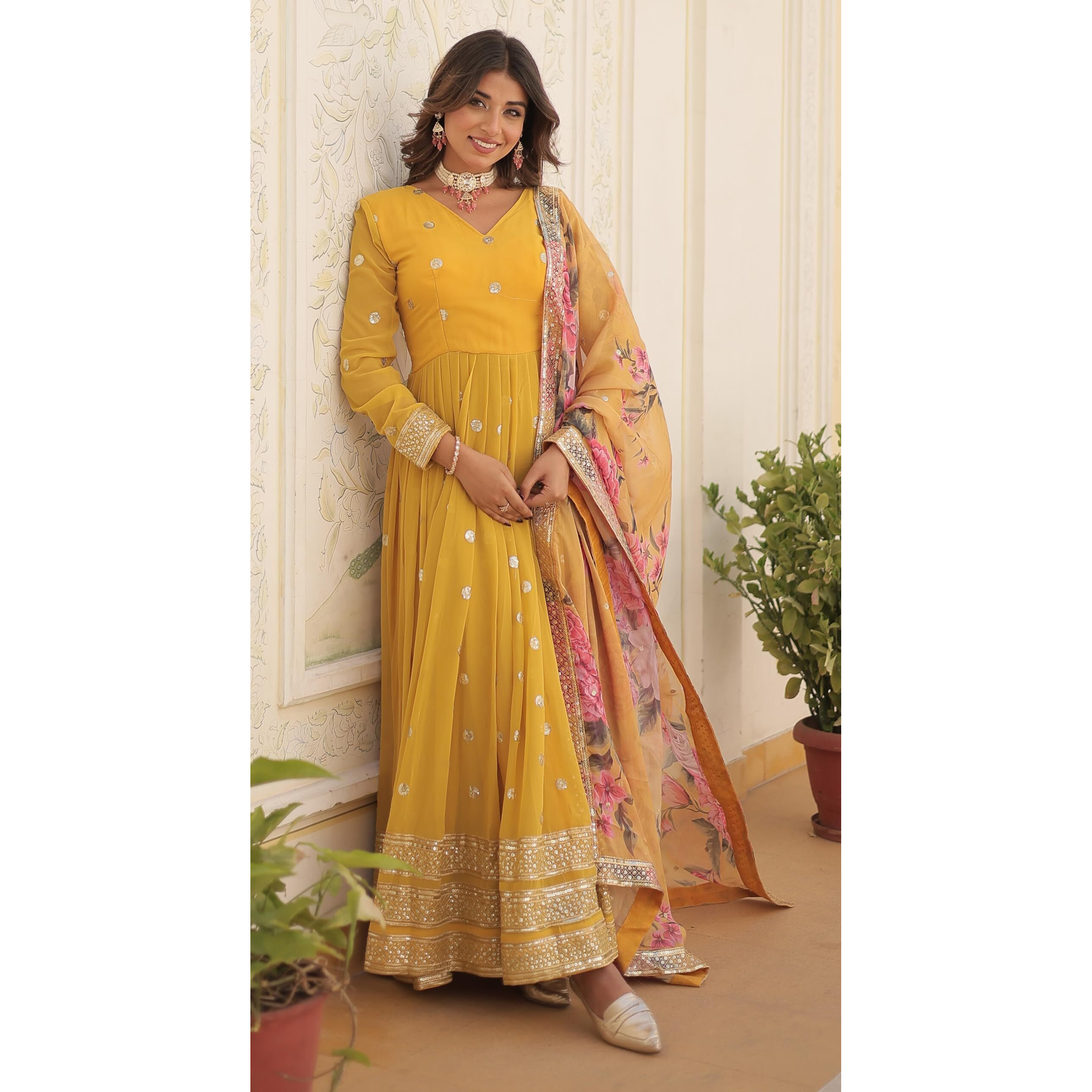 Wedani Faux Georgette Embroidered Sequins Anarkali Kurta Set for Women (in, Alpha, L, Regular, Yellow)