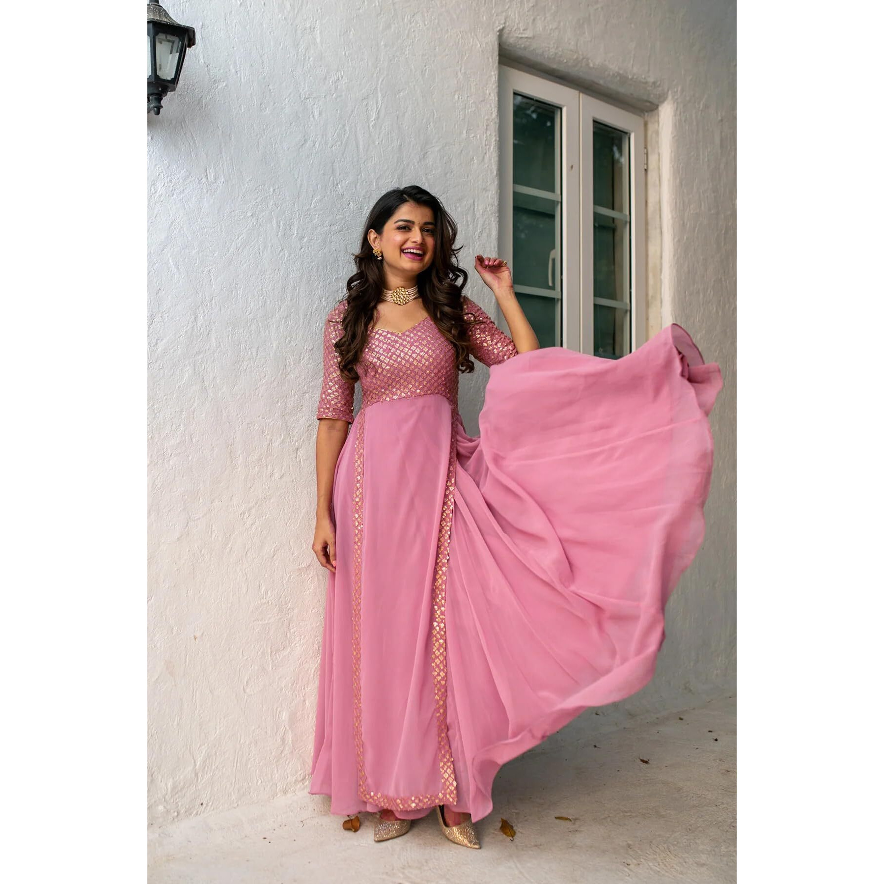 Wedani Pink Georegtte Anarkali Gown for Women