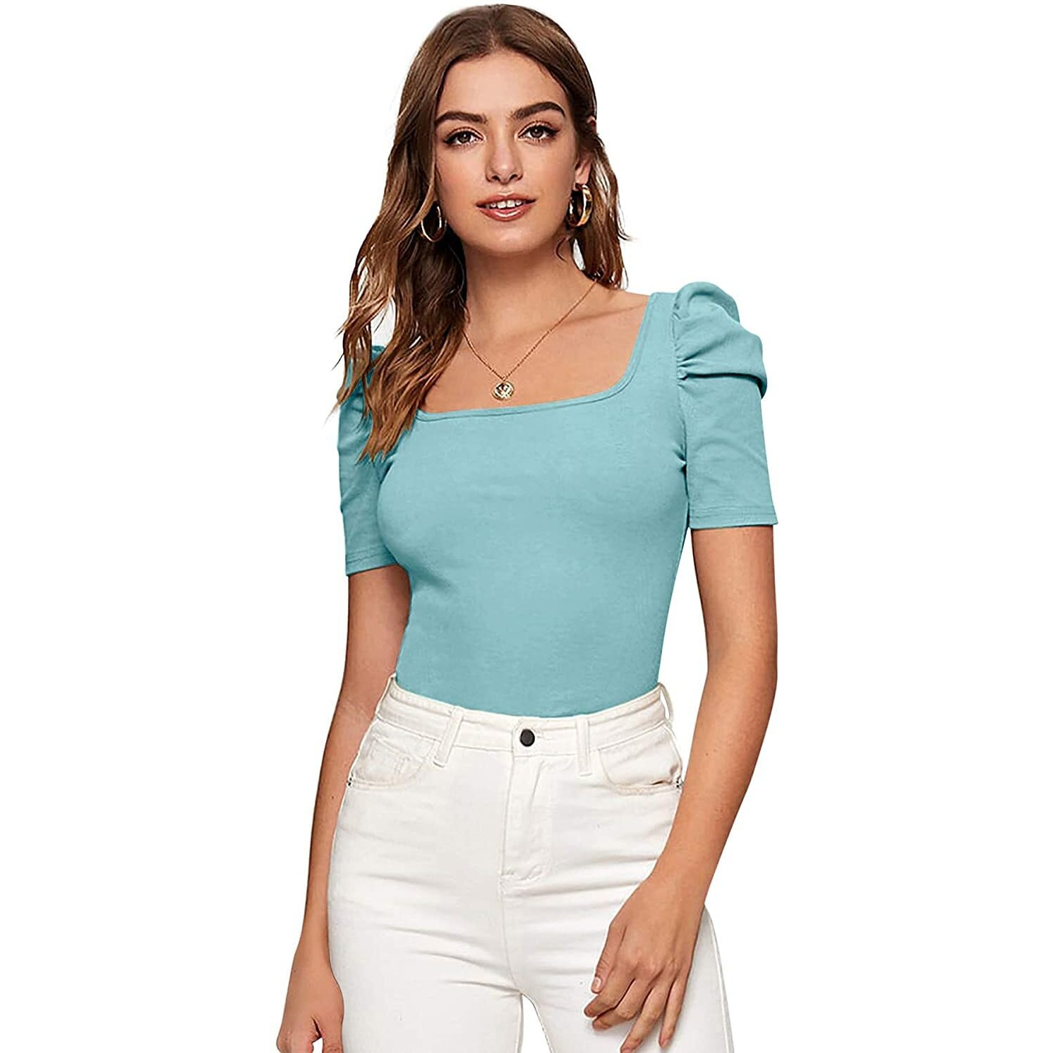 Wedani Women's Casual Puff Sleeves Solid Top (Medium, Grey)