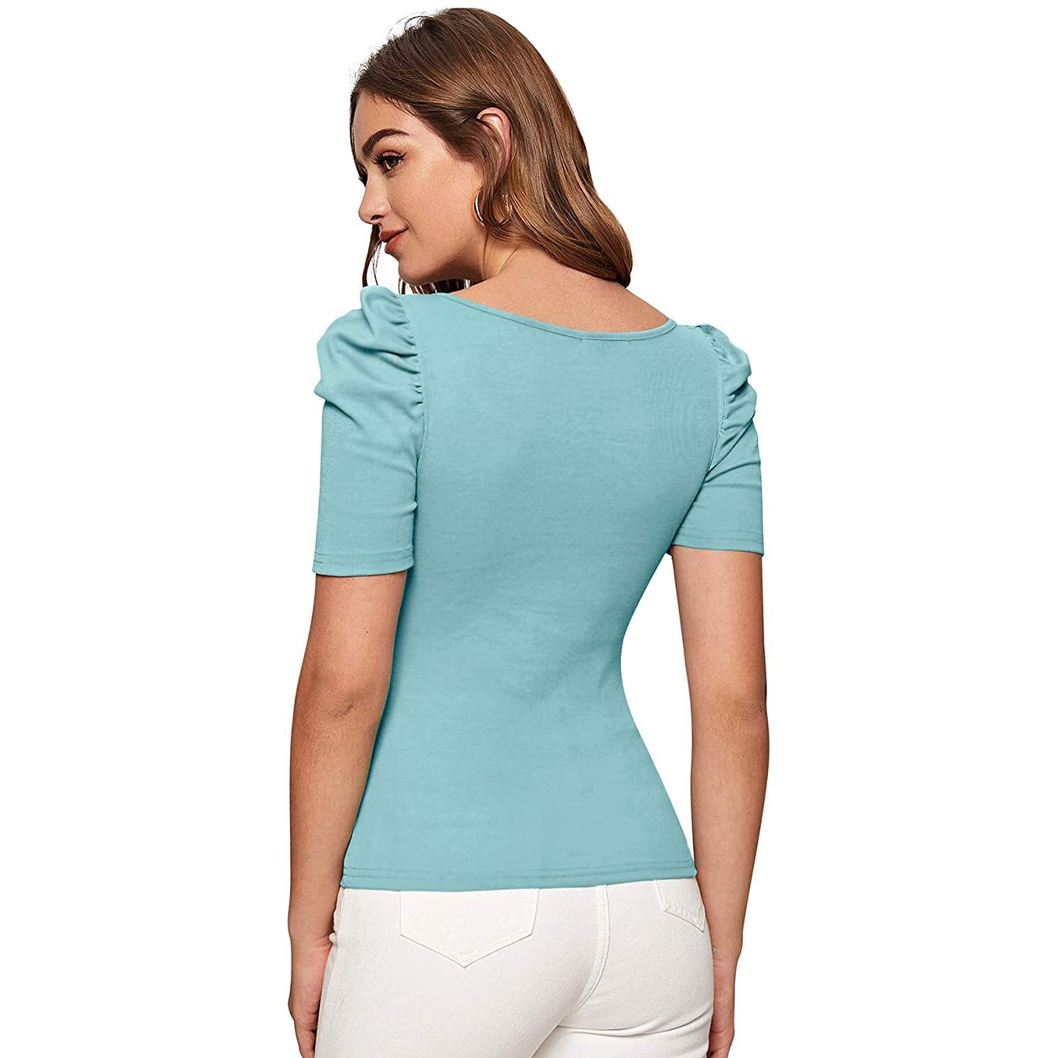 Wedani Women's Casual Puff Sleeves Solid Top (Medium, Grey)