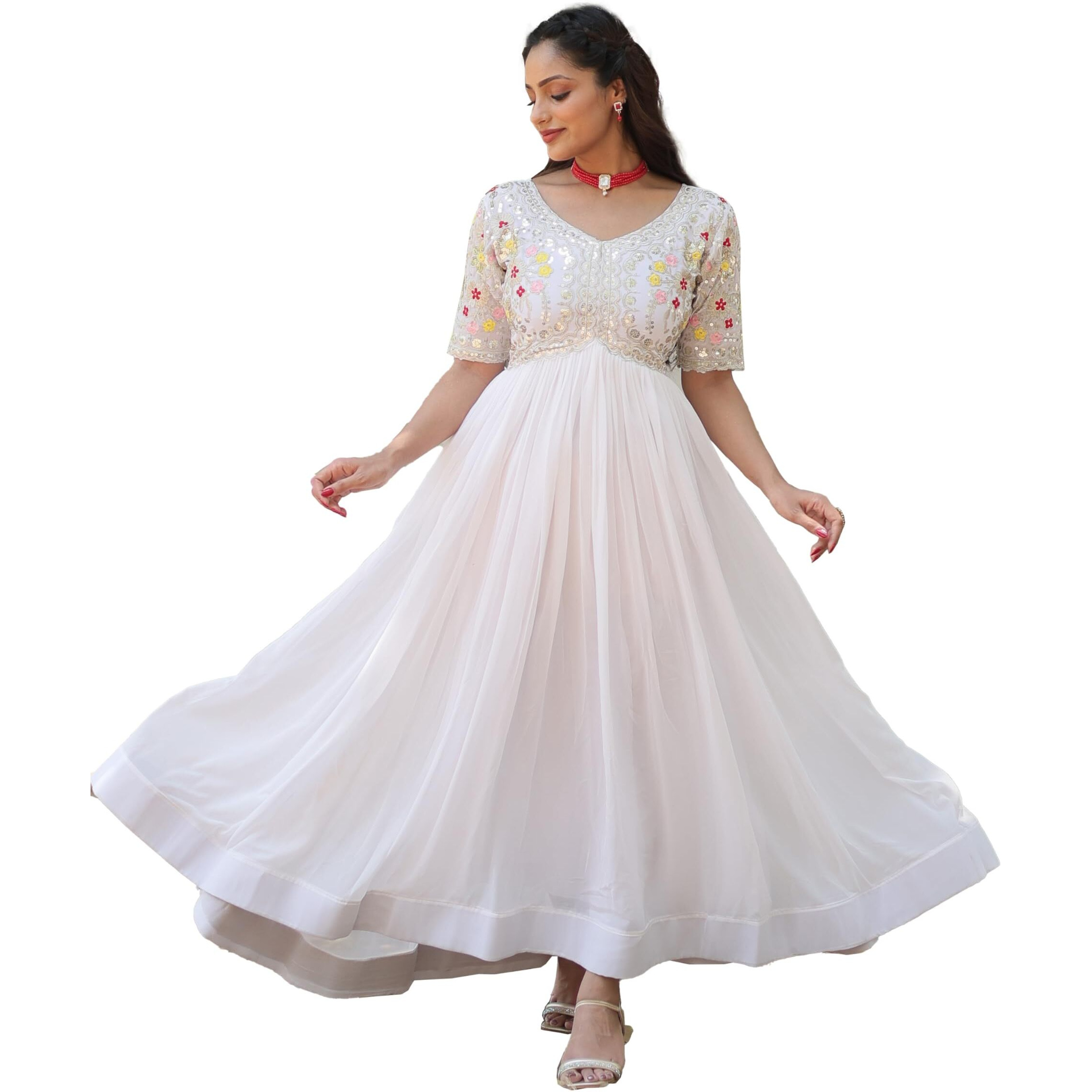 Wedani Georgette Embroidered Zari Sequins-Work Anarkali Kurta Set for Women (in, Alpha, S, Regular, White)