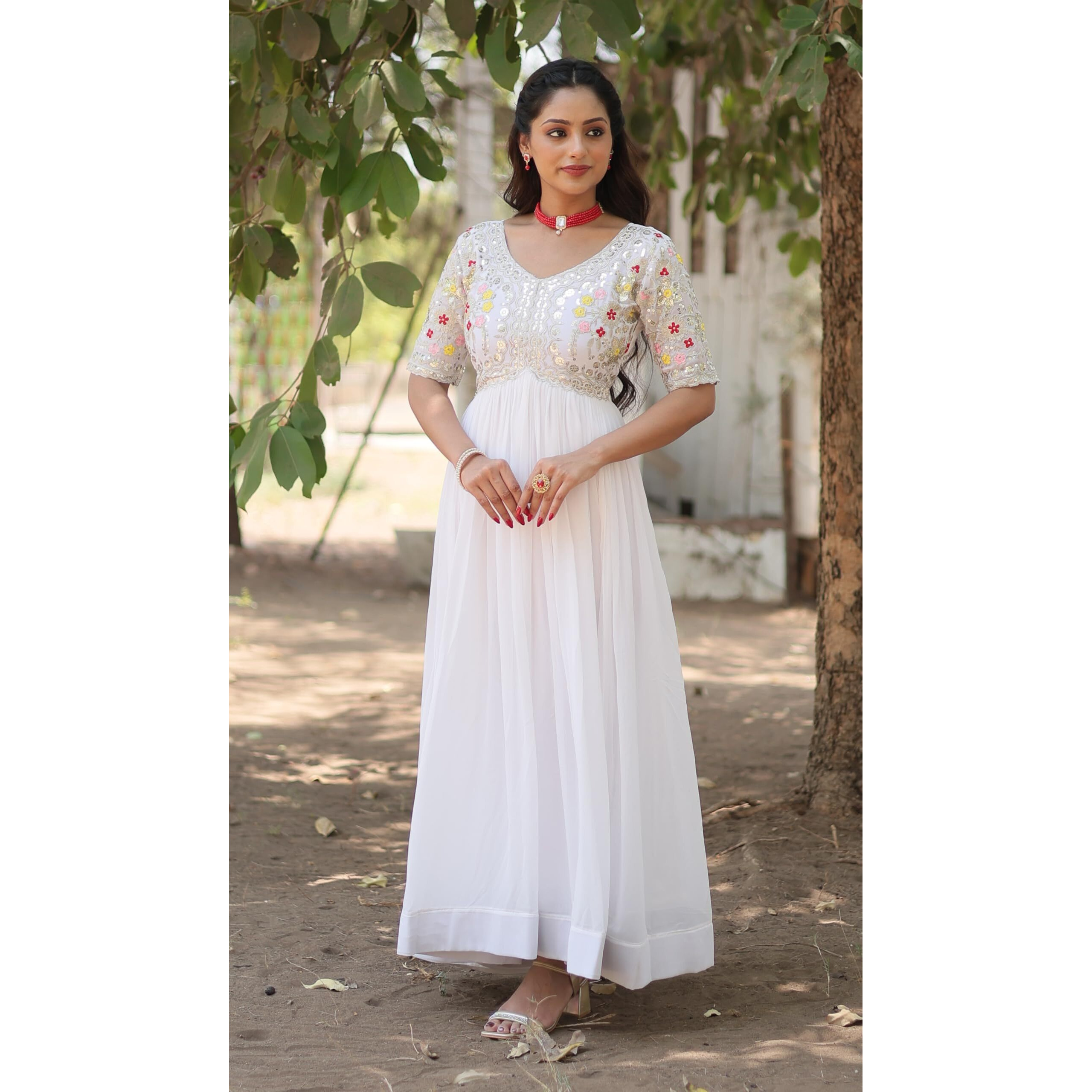 Wedani Georgette Embroidered Zari Sequins-Work Anarkali Kurta Set for Women (in, Alpha, S, Regular, White)