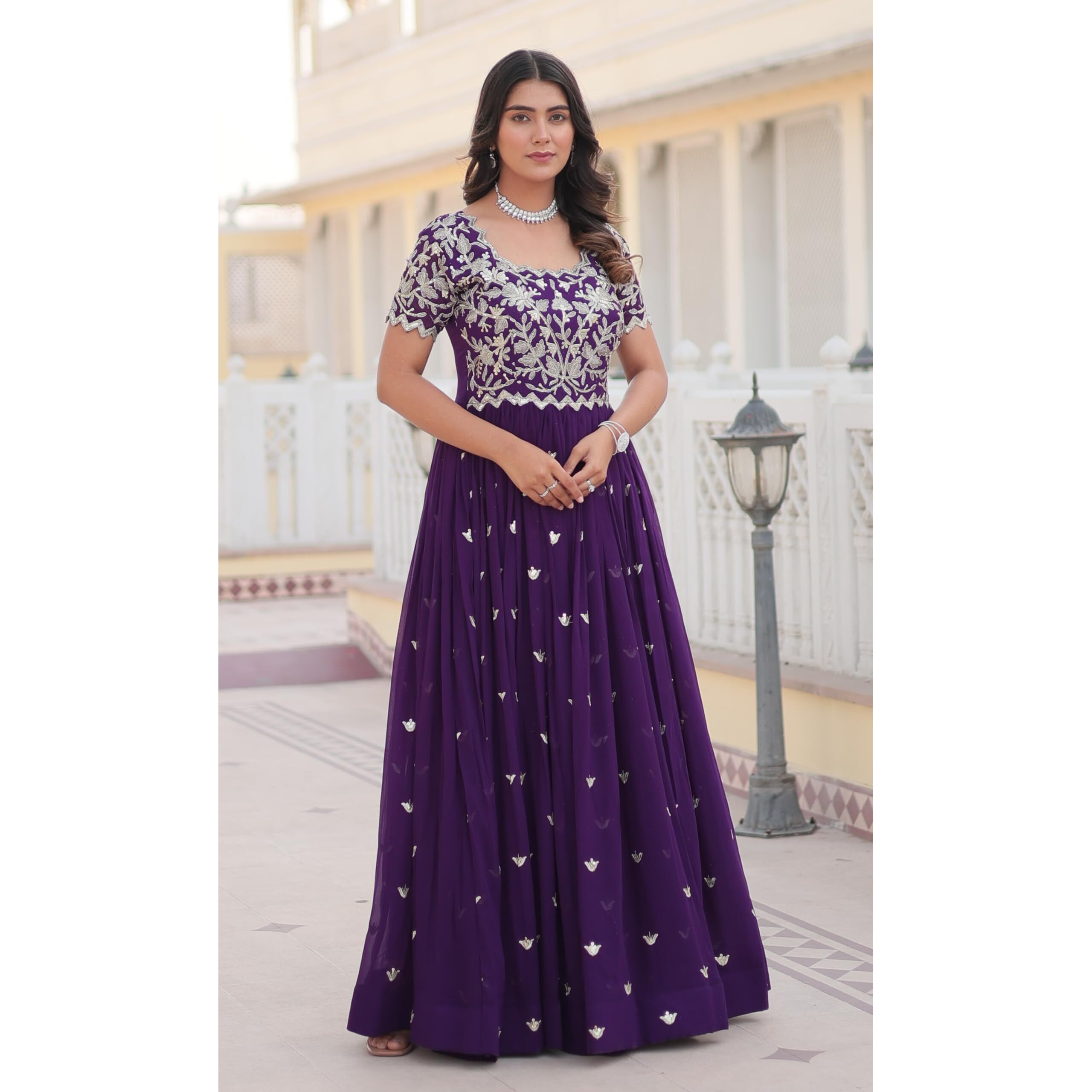 Wedani Faux Georgette Embroidered Work Anarkali Kurta Set for Women (in, Alpha, XL, Regular, Purple)