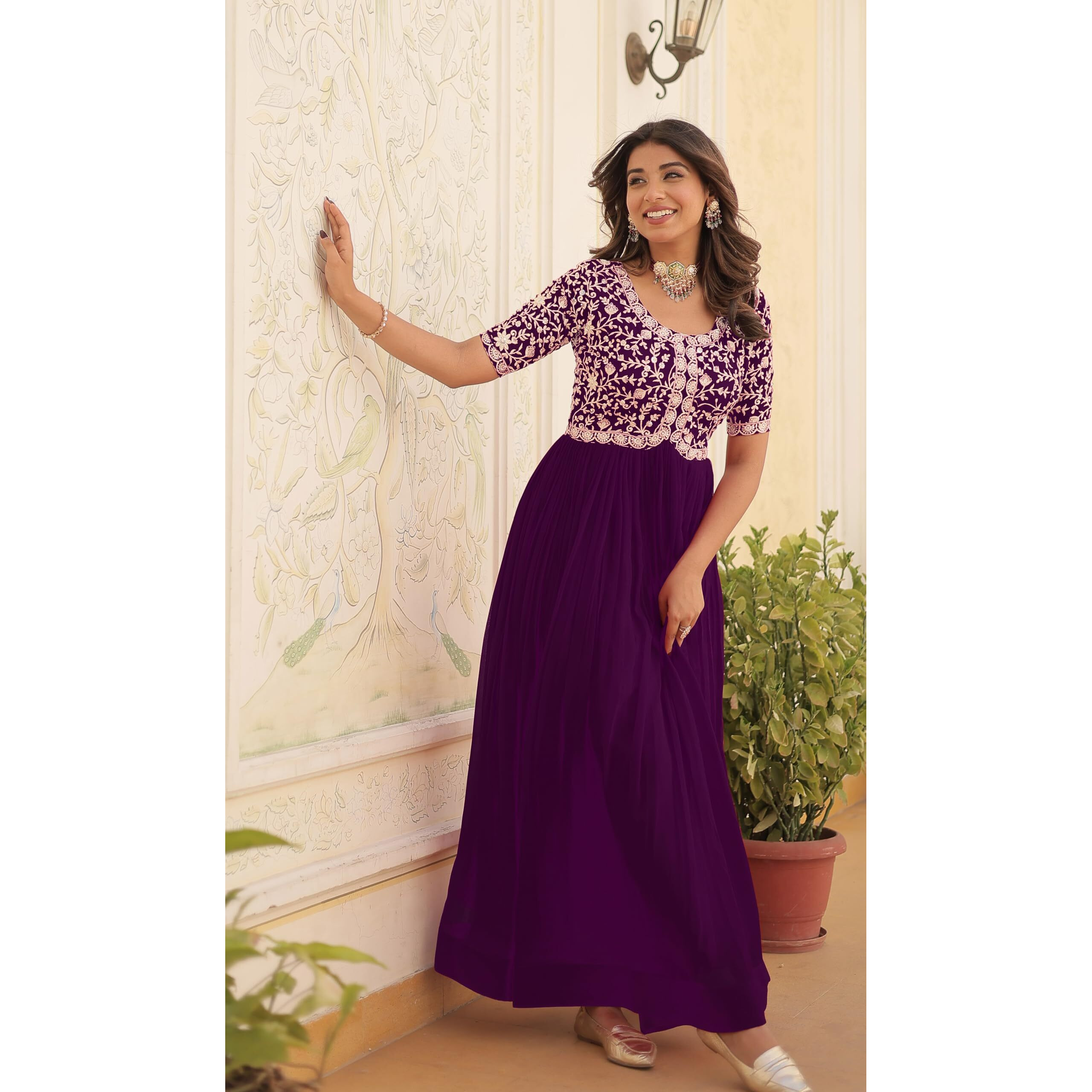 Wedani Georgette Embroidered Long Gown for Women Purple