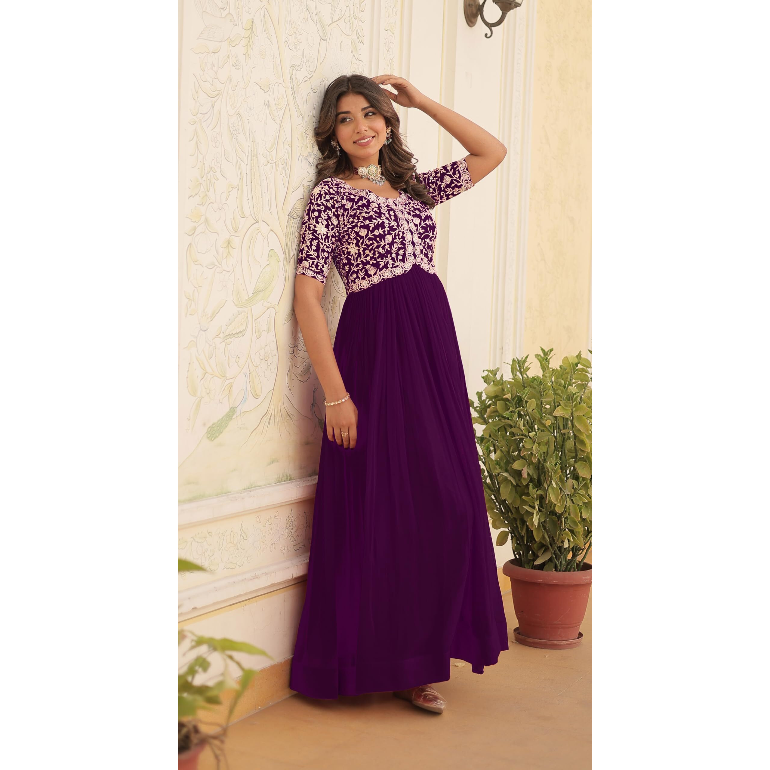 Wedani Georgette Embroidered Long Gown for Women Purple