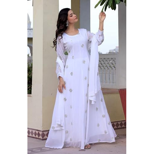 Wedani Georgette White Embroidered Anarkali Dress for Women