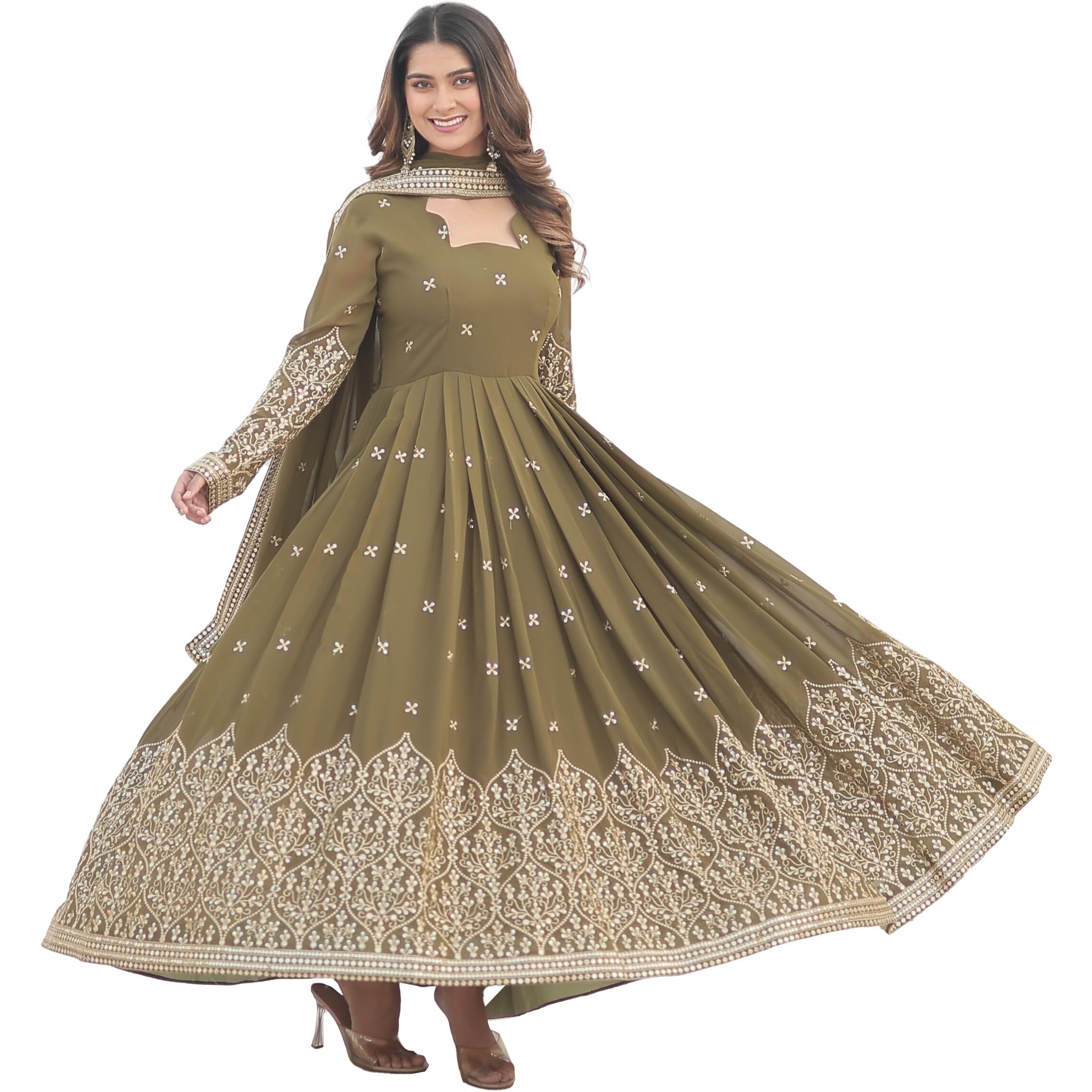Wedani Faux Georgette Sequins Embroidered Work Anarkali Kurta Set for Women (in, Alpha, S, Regular, Olive)