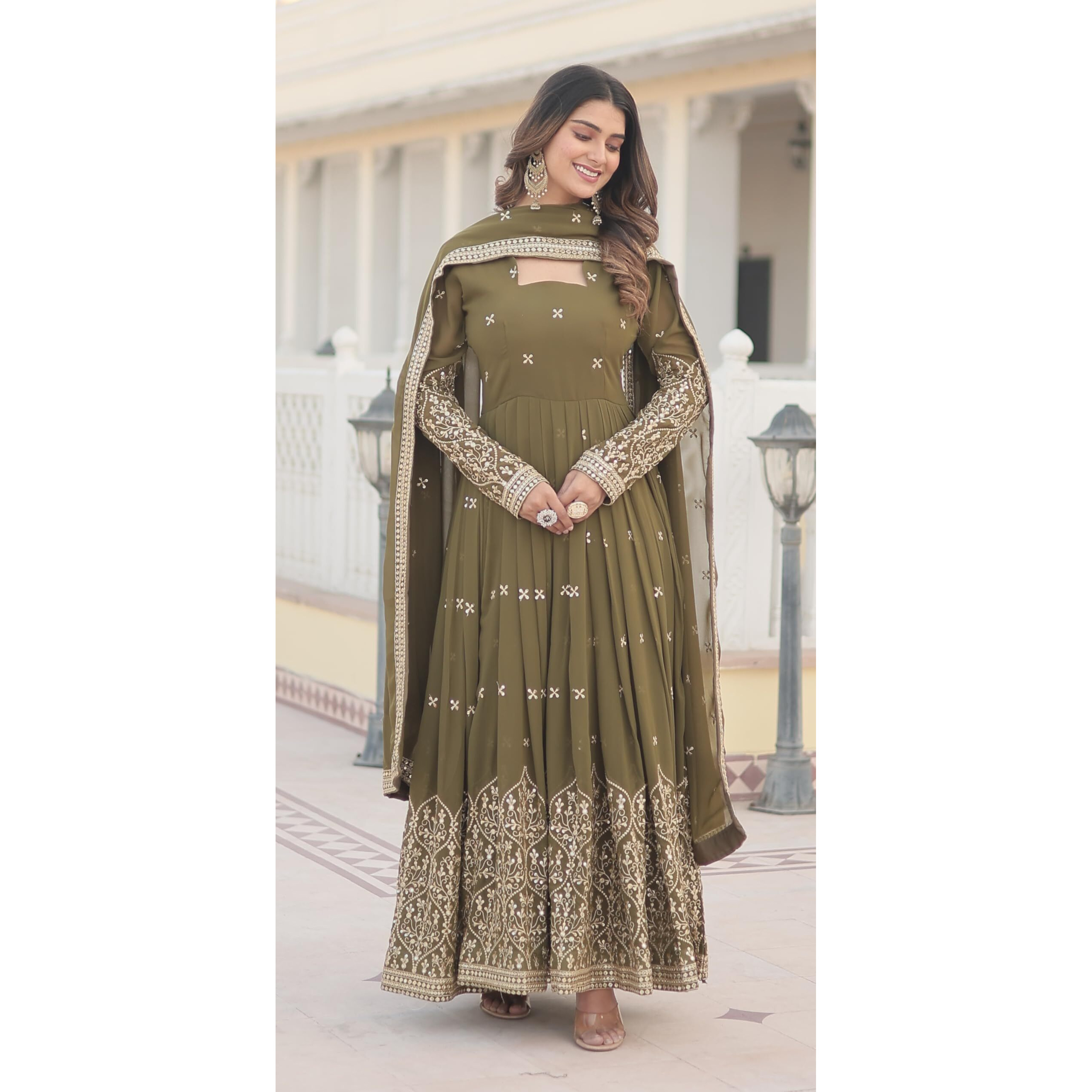 Wedani Faux Georgette Sequins Embroidered Work Anarkali Kurta Set for Women (in, Alpha, S, Regular, Olive)
