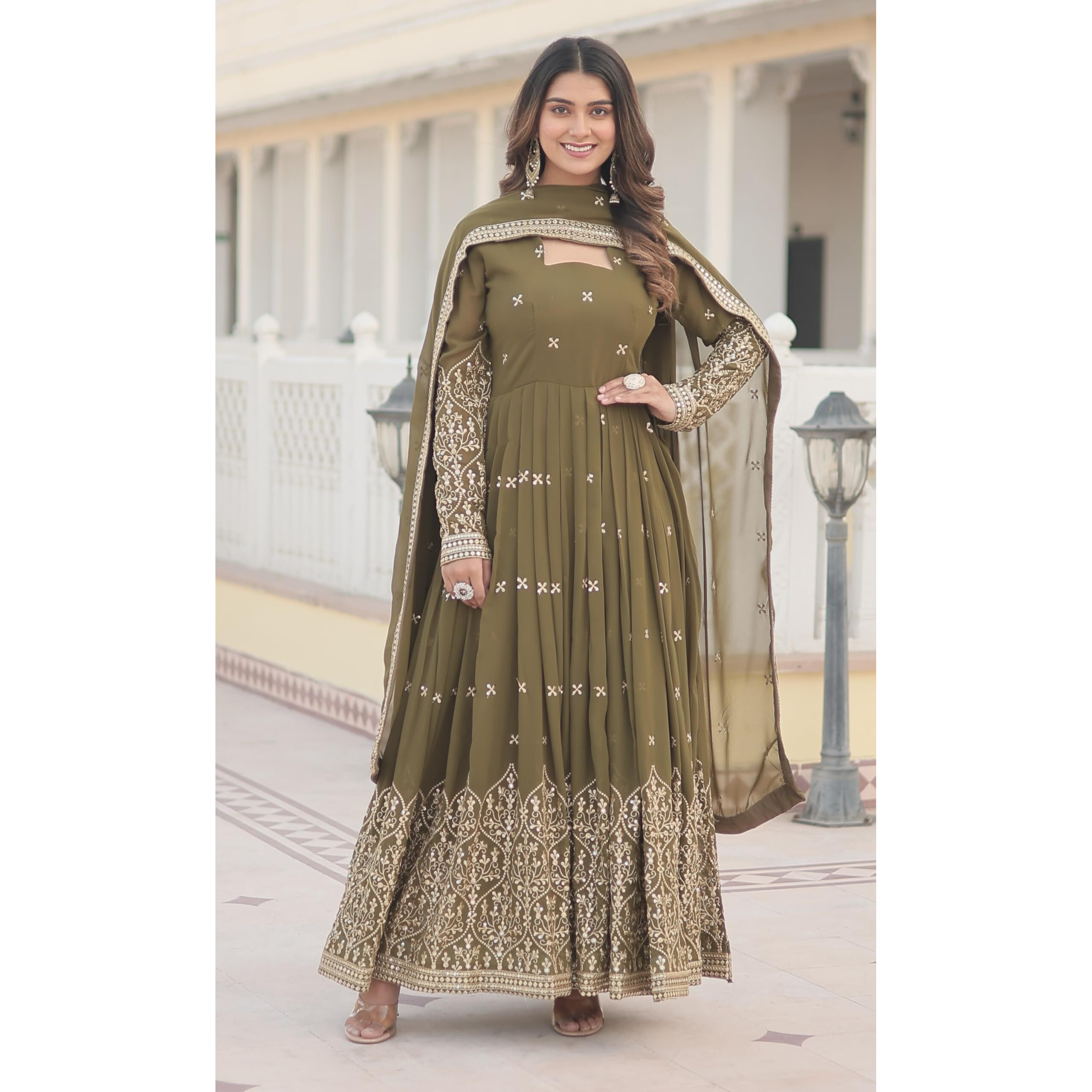 Wedani Faux Georgette Sequins Embroidered Work Anarkali Kurta Set for Women (in, Alpha, S, Regular, Olive)