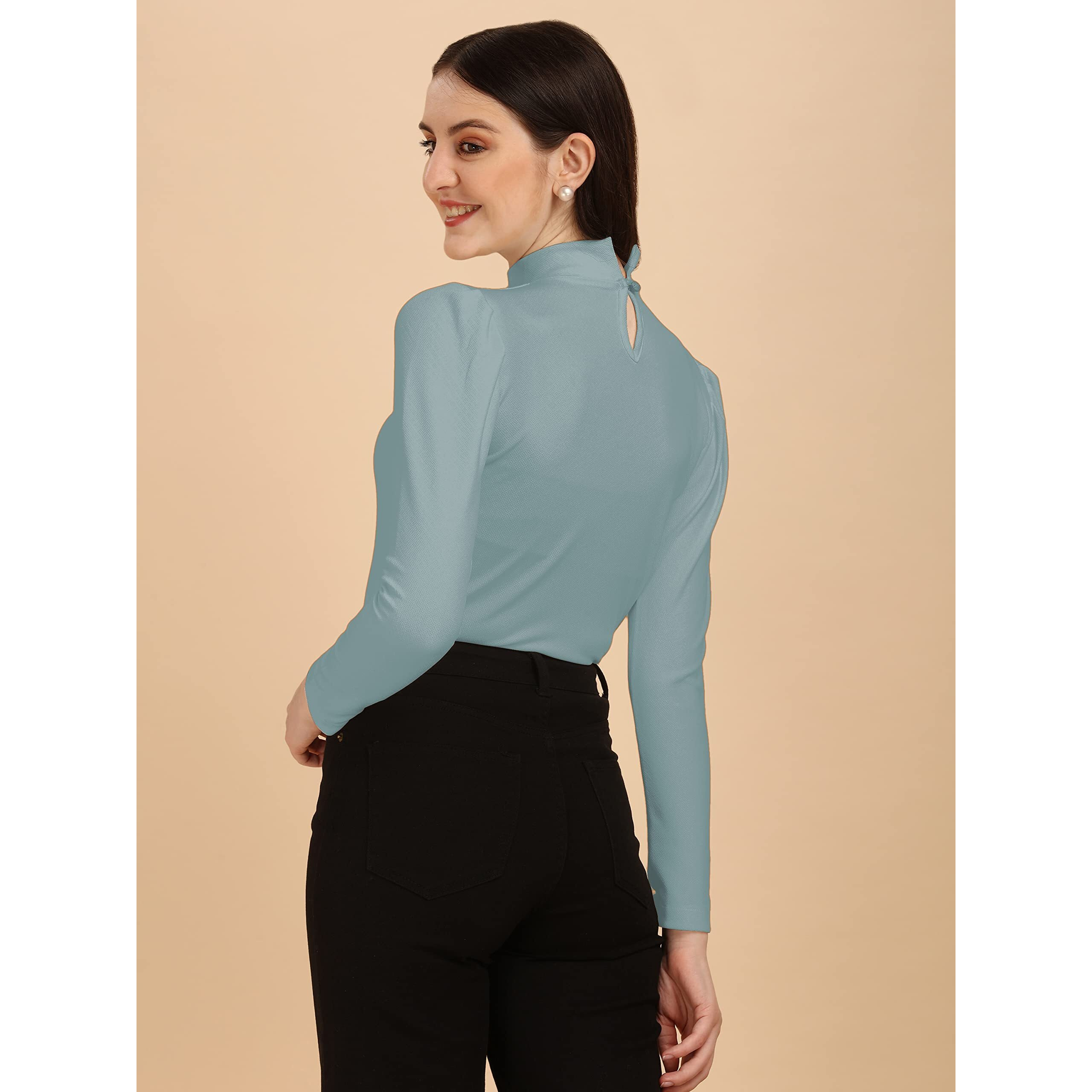 Wedani Women's Casual Solid Top Mock Neck with Regular Puff Long Sleeve Top (Medium, Grey)