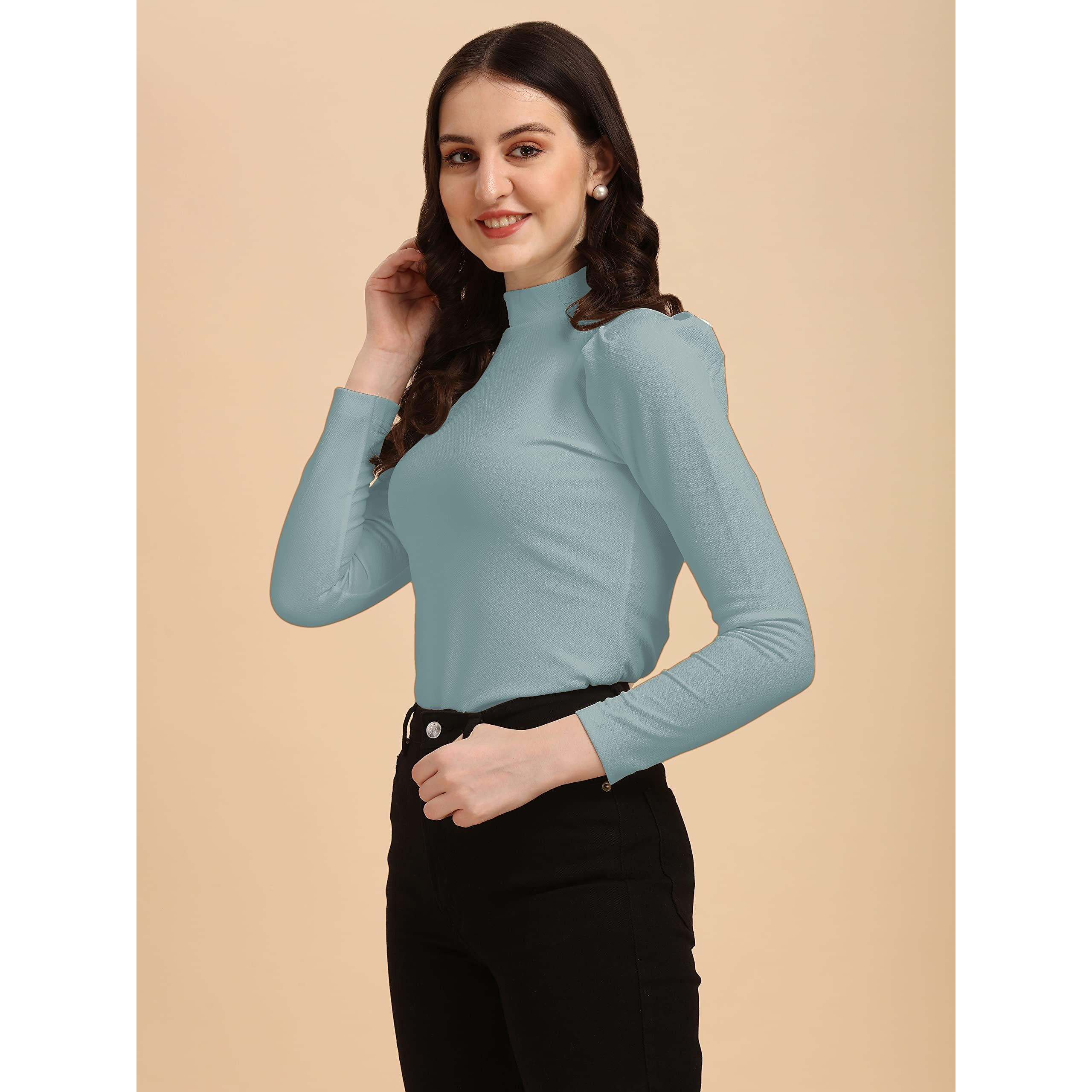 Wedani Women's Casual Solid Top Mock Neck with Regular Puff Long Sleeve Top (Medium, Grey)