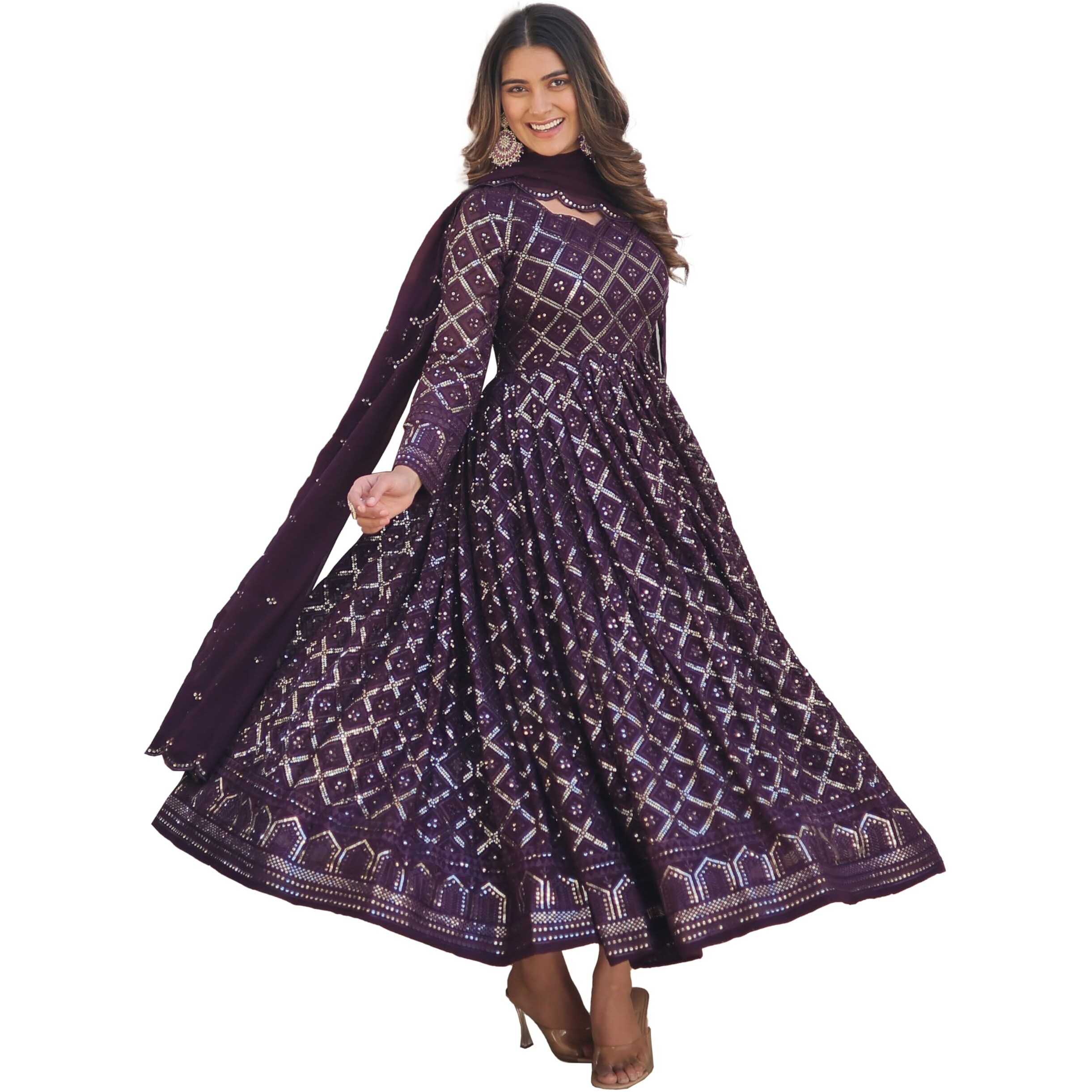 Wedani Georgette Sequins Embroidered Work Anarkali Kurta Set for Womens (in, Alpha, L, Regular, Wine)