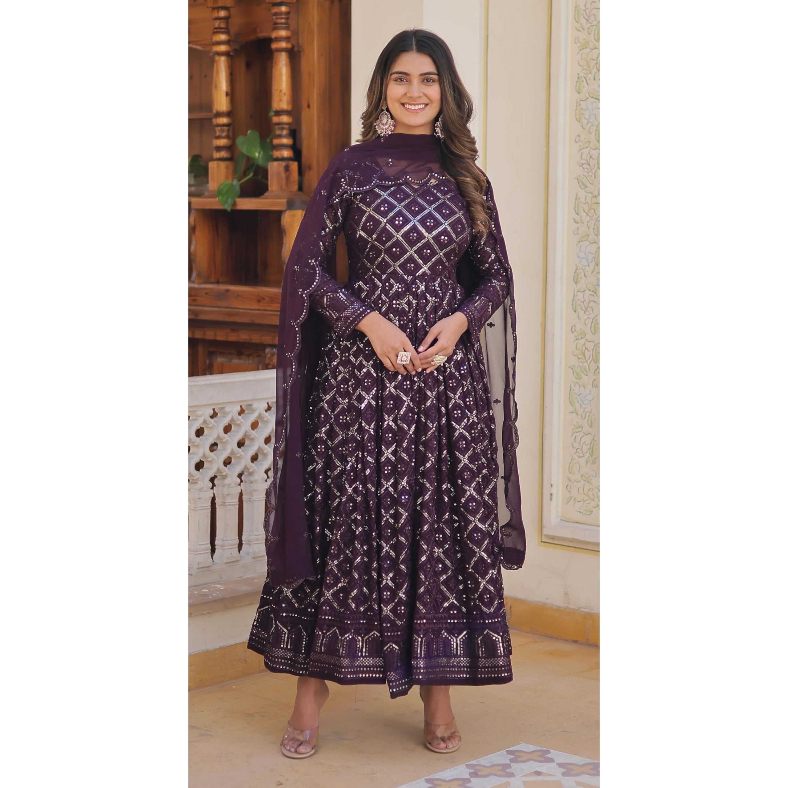 Wedani Georgette Sequins Embroidered Work Anarkali Kurta Set for Womens (in, Alpha, L, Regular, Wine)