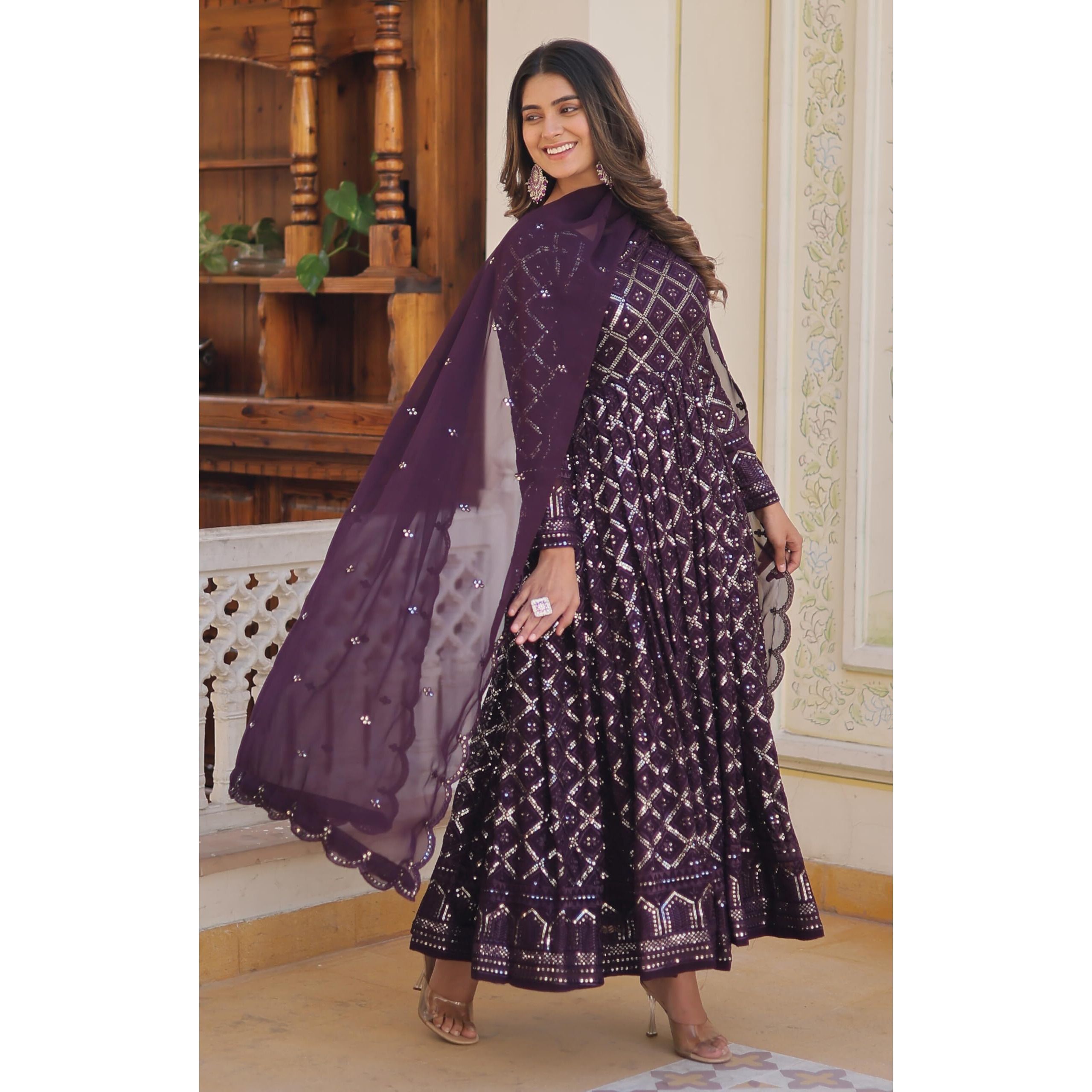 Wedani Georgette Sequins Embroidered Work Anarkali Kurta Set for Womens (in, Alpha, L, Regular, Wine)