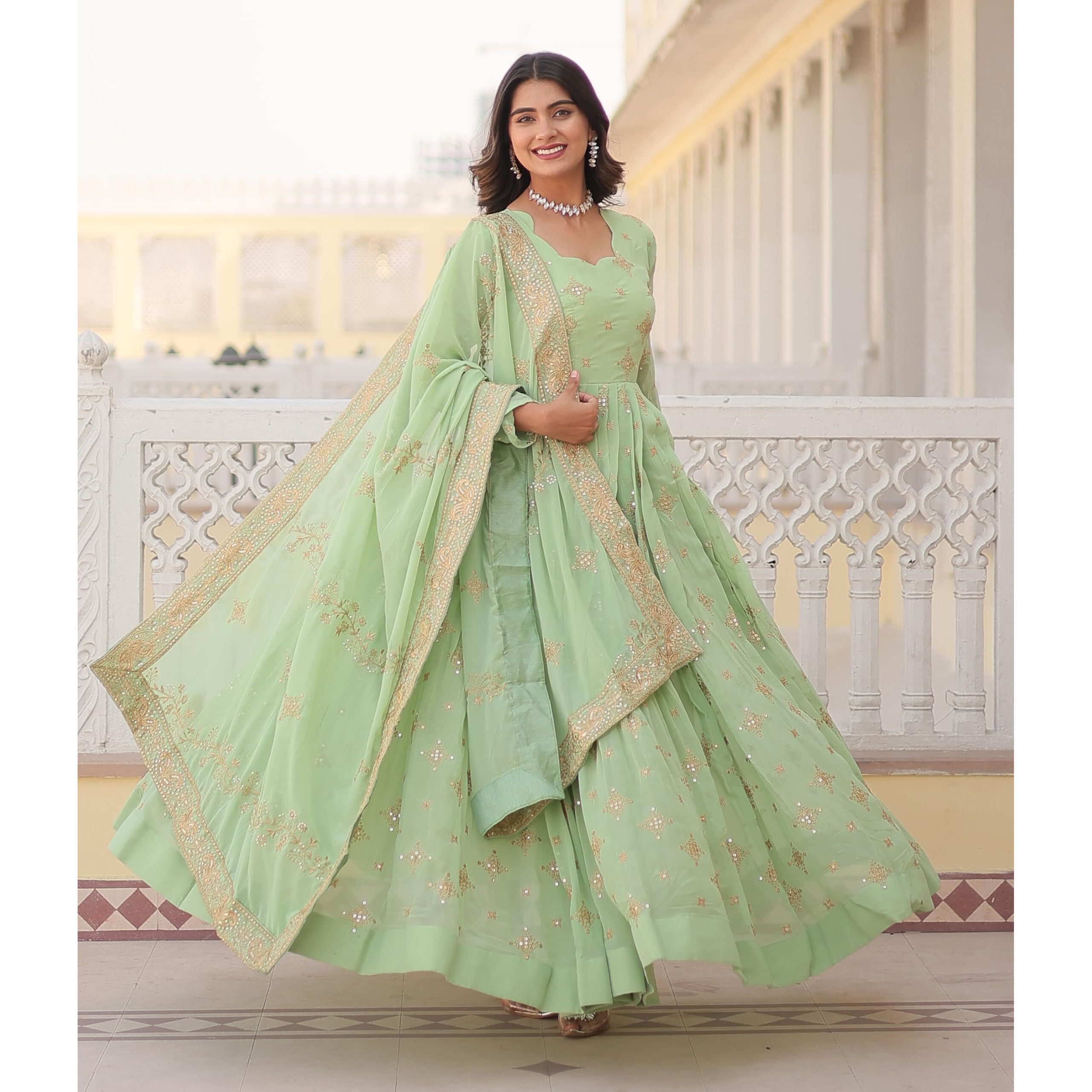 Wedani Georgette Sequins Embroidery Work Anarkali Kurta Set for Women (in, Alpha, L, Regular, Green)
