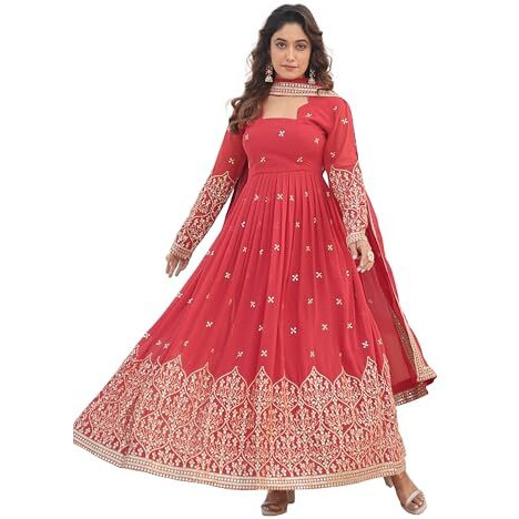 Wedani Faux Georgette Sequins Embroidered Work Anarkali Kurta Set for Women (in, Alpha, XL, Regular, RED)