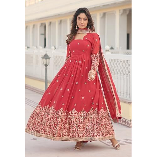 Wedani Faux Georgette Sequins Embroidered Work Anarkali Kurta Set for Women (in, Alpha, XL, Regular, RED)