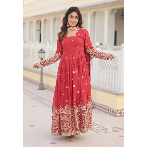 Wedani Faux Georgette Sequins Embroidered Work Anarkali Kurta Set for Women (in, Alpha, XL, Regular, RED)