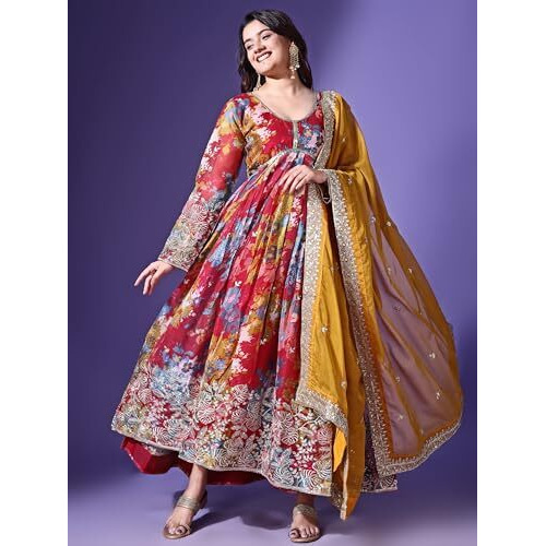 Wedani Georgette Embroidered Anarkali Dress for Women (in, Alpha, S, Pink)