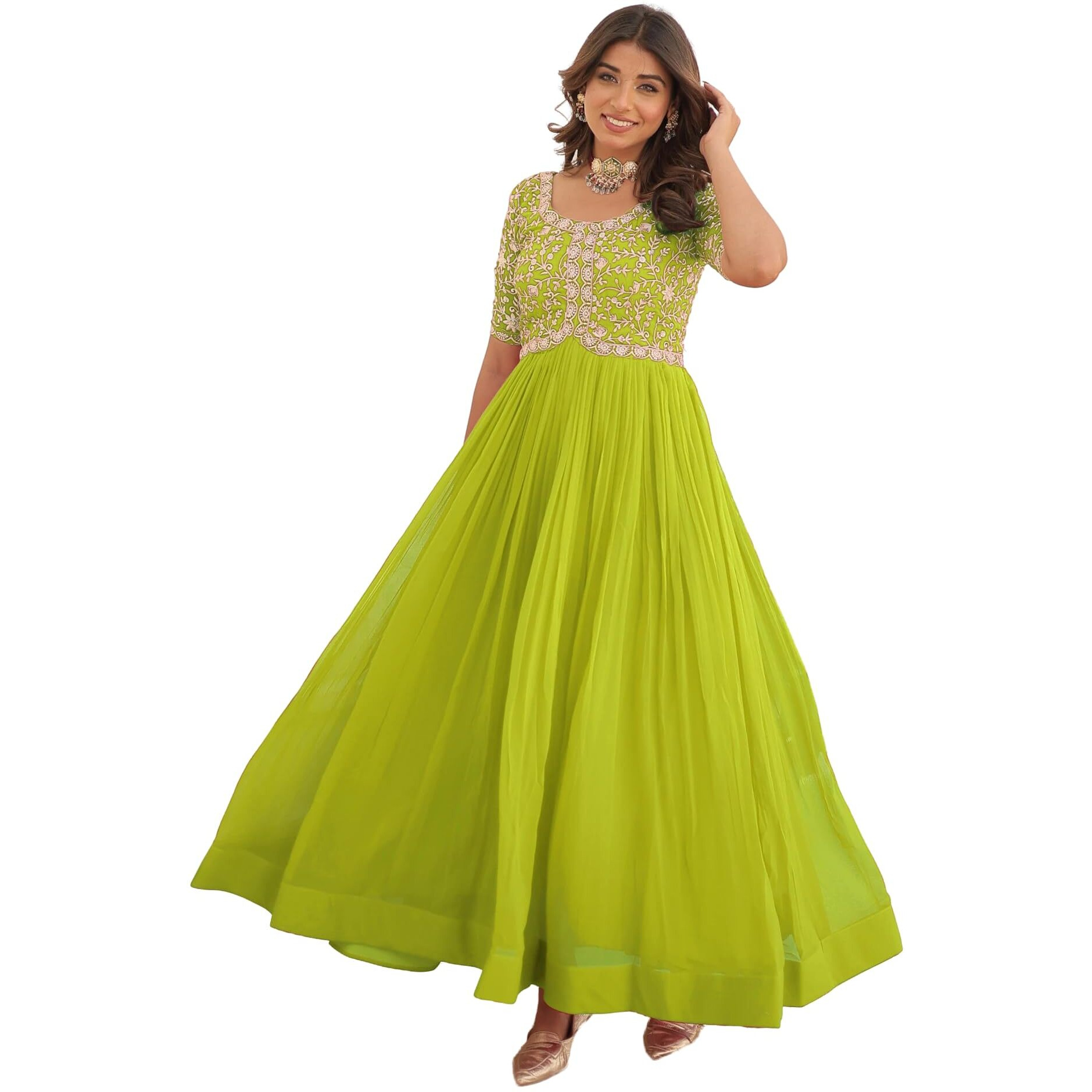 Wedani Georgette Anarkali Gown with Embroidered Top for Women (in, Alpha, S, Regular, Light Green)