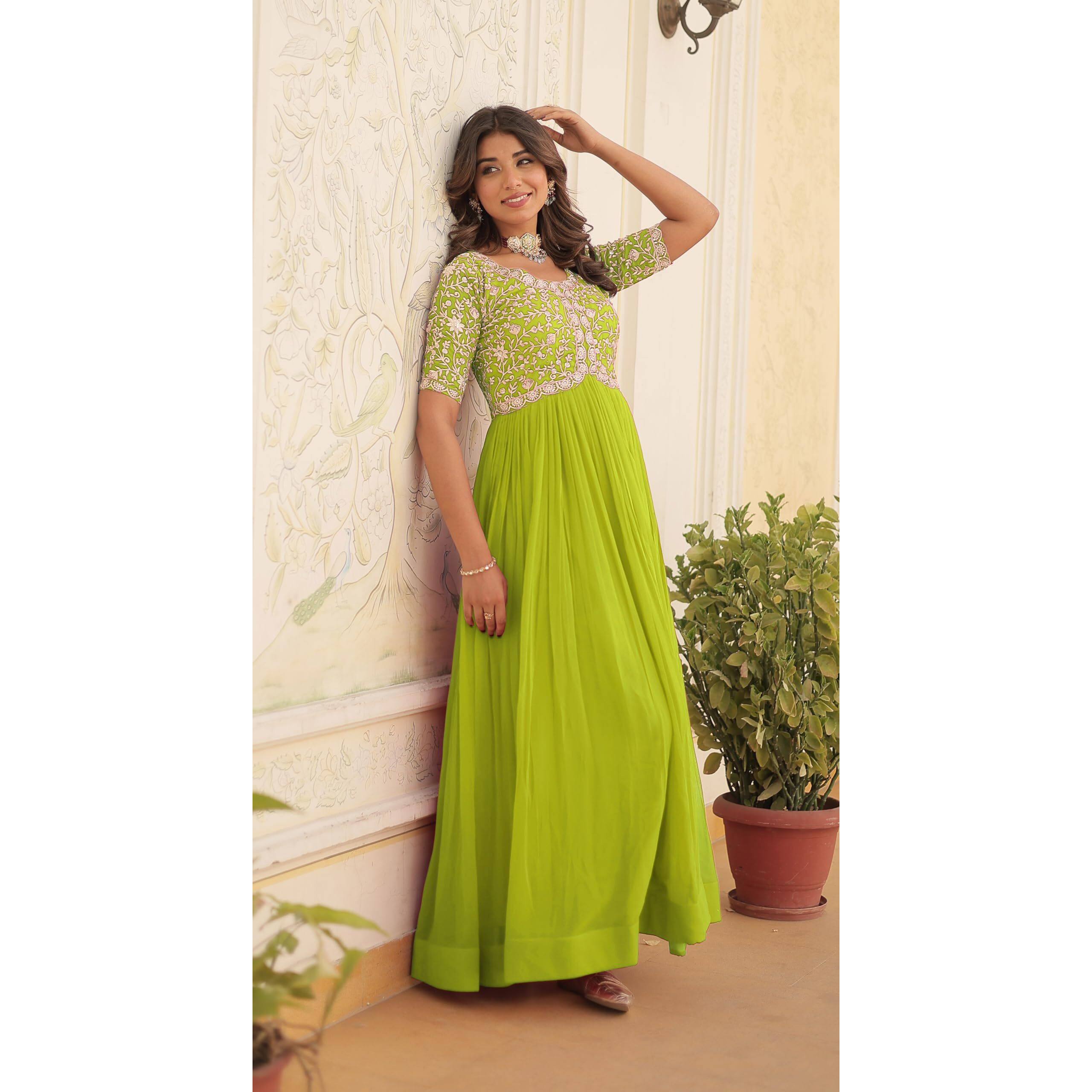 Wedani Georgette Anarkali Gown with Embroidered Top for Women (in, Alpha, S, Regular, Light Green)