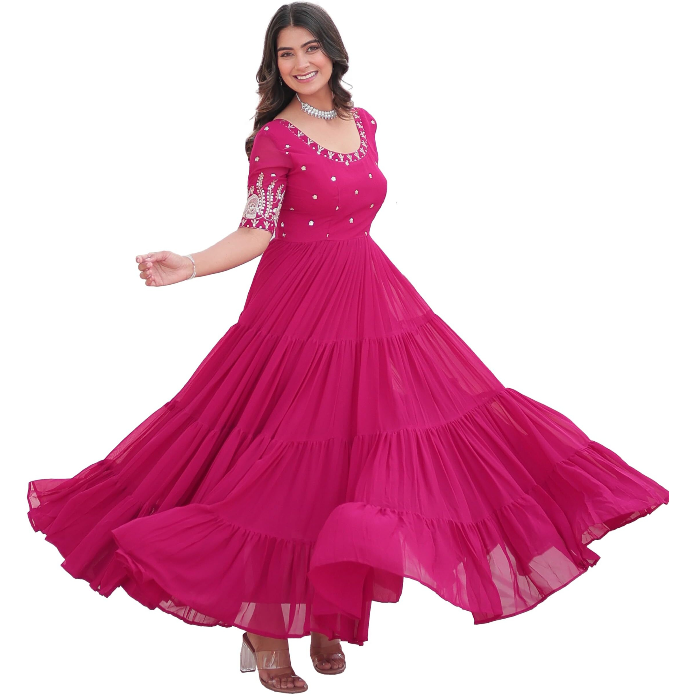 Wedani Georgette Embroidery Zari Sequins-Work Anarkali Kurta Set for Women (in, Alpha, M, Regular, Pink)